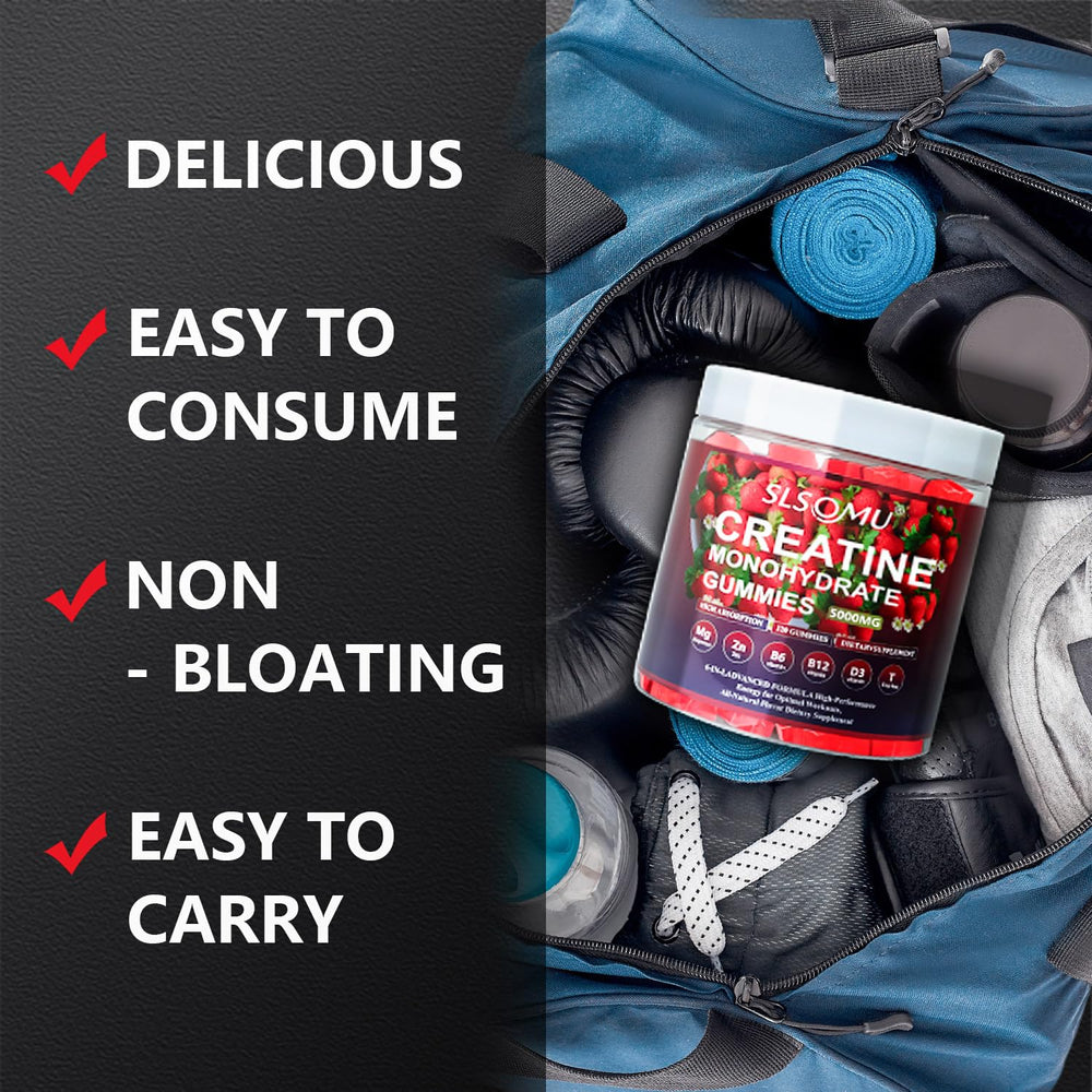 Slsomu Creatine Gummies on-the-go view with athletic context.