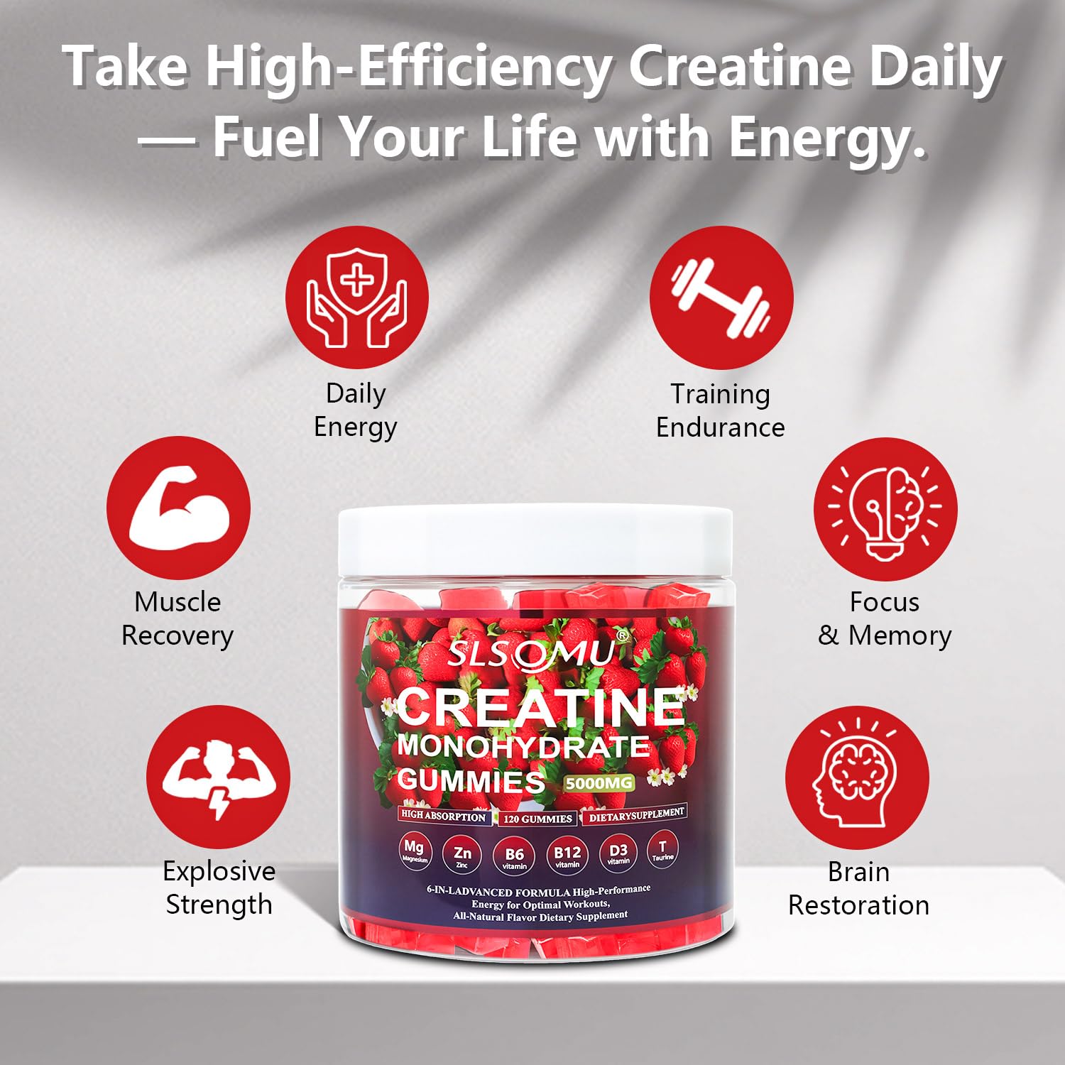 Slsomu Creatine Gummies serving-out-of-pack showing on-the-go use.