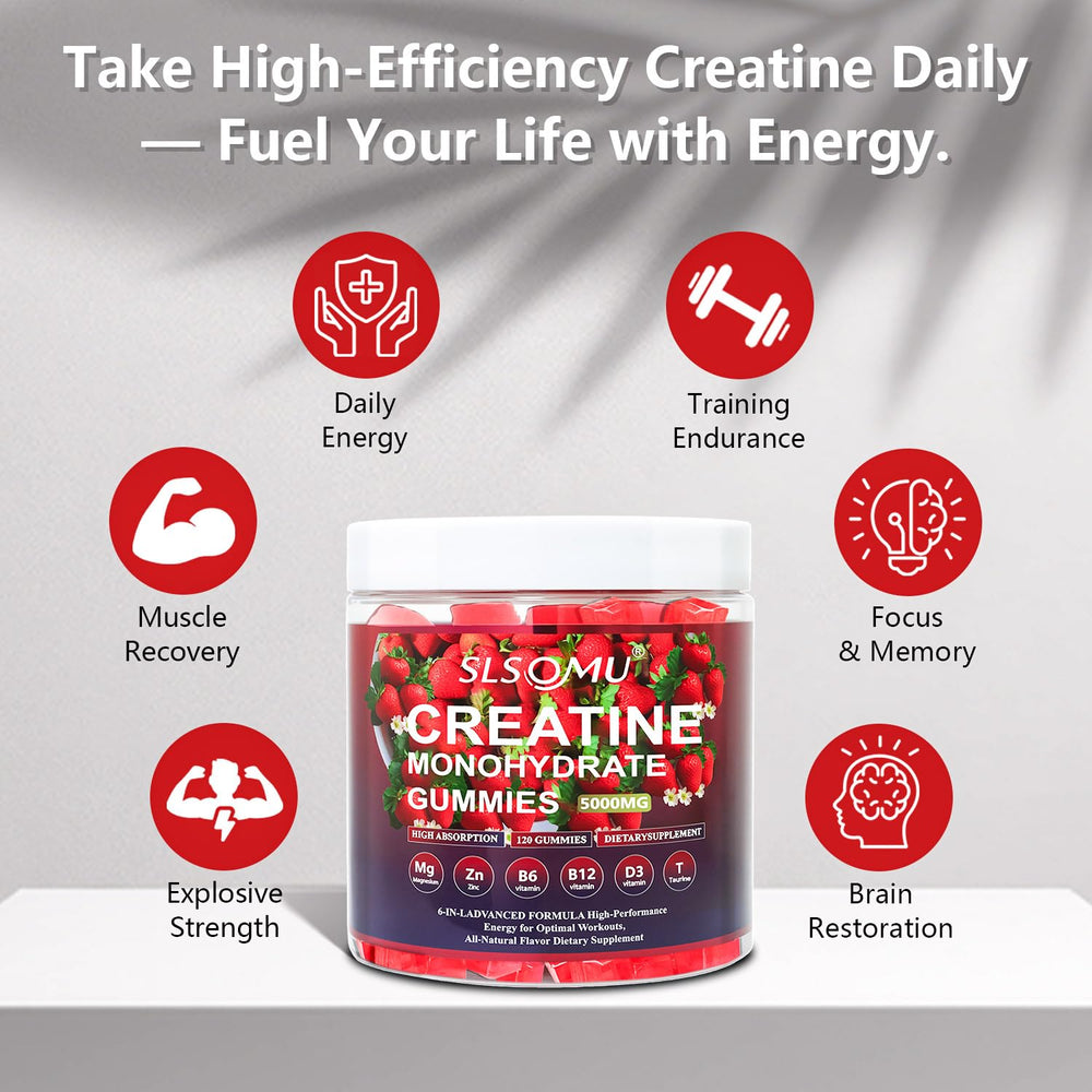 Slsomu Creatine Gummies serving-out-of-pack showing on-the-go use.