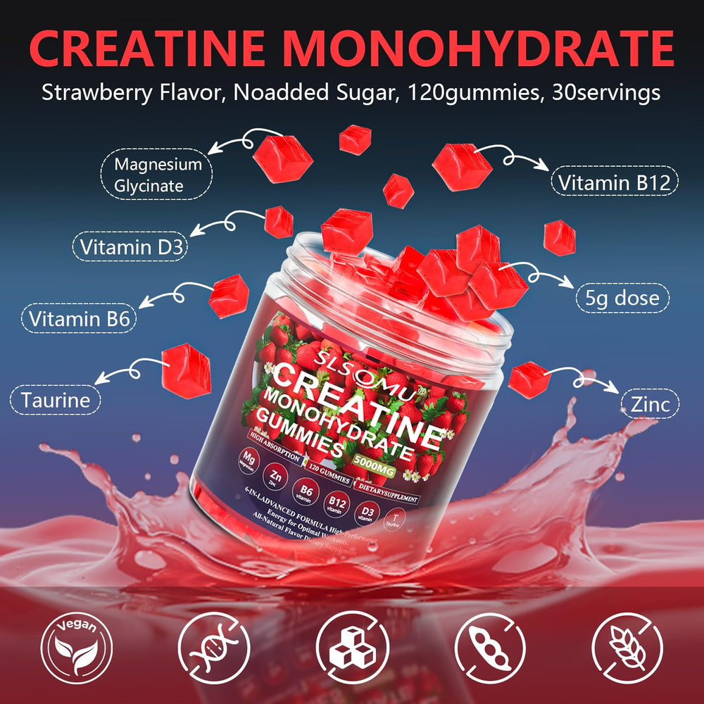 Slsomu Creatine Gummies strawberry-flavor close-up emphasizing tasty, motivating taste.