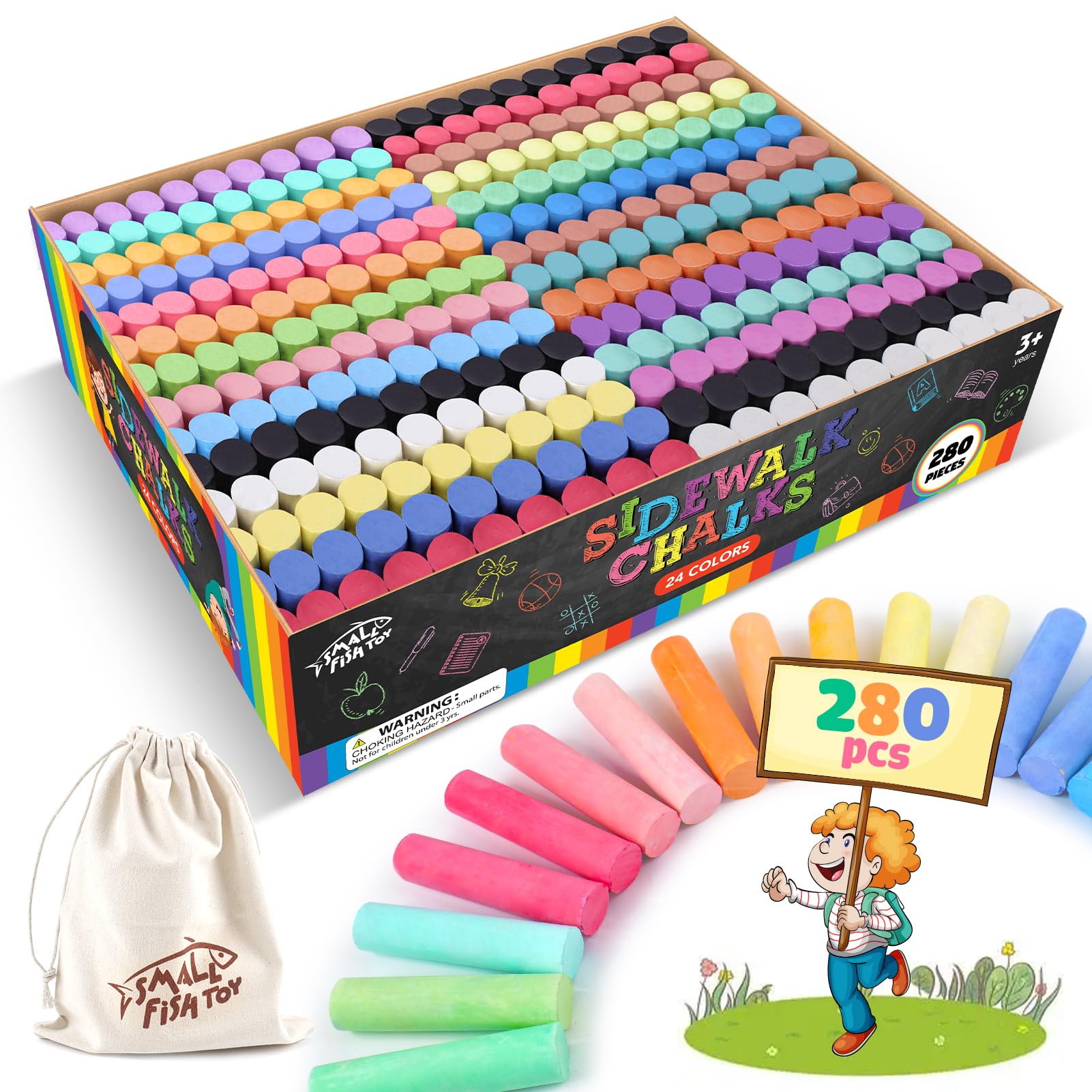 SMALL FISH 280pcs sidewalk chalks with portable bag for easy outdoor art.