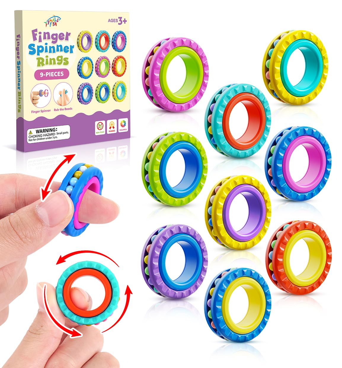 Small Fish fidget rings in nine color varieties for calming sensory play.
