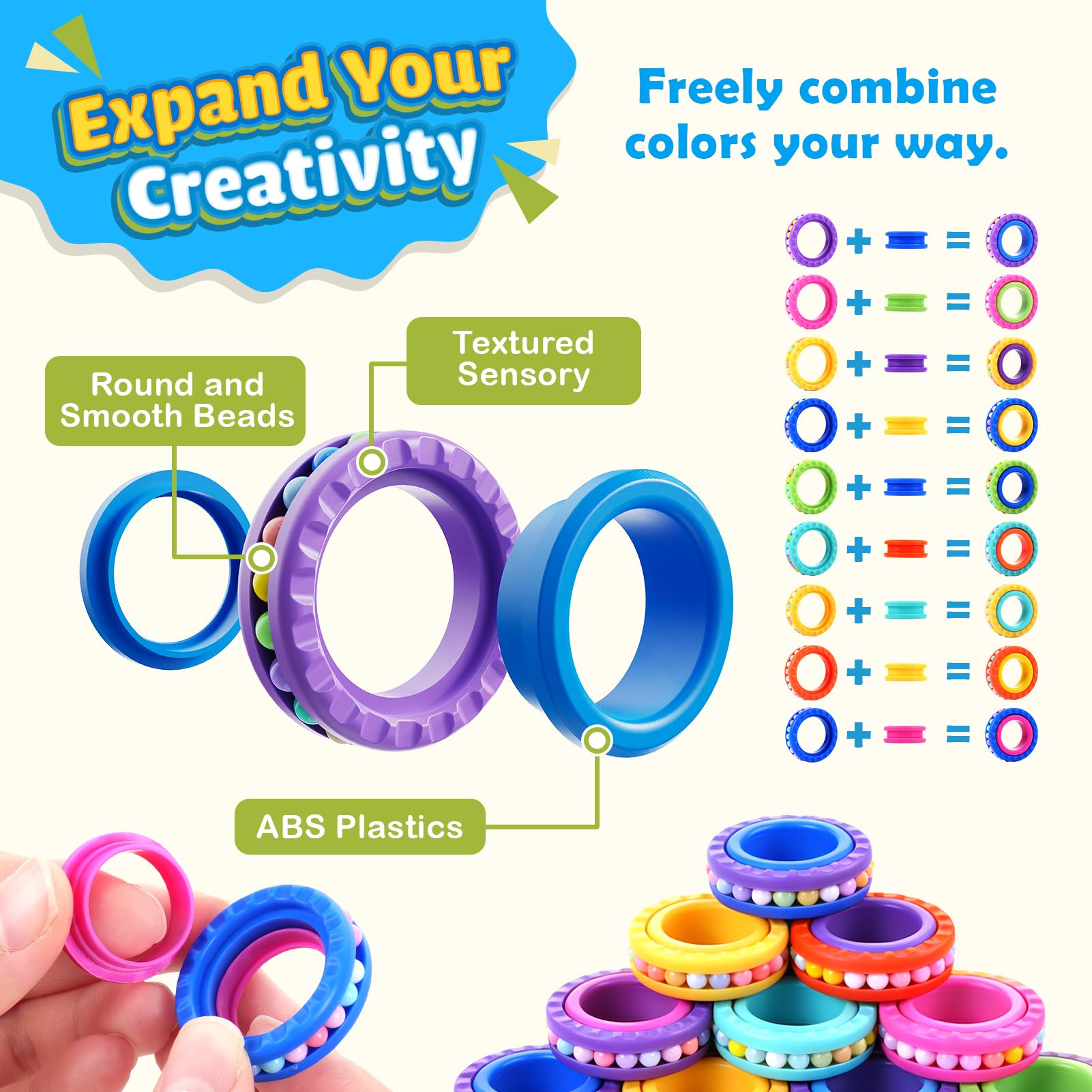 Small Fish fidget rings with bead-linking outer ring for smooth rotation.