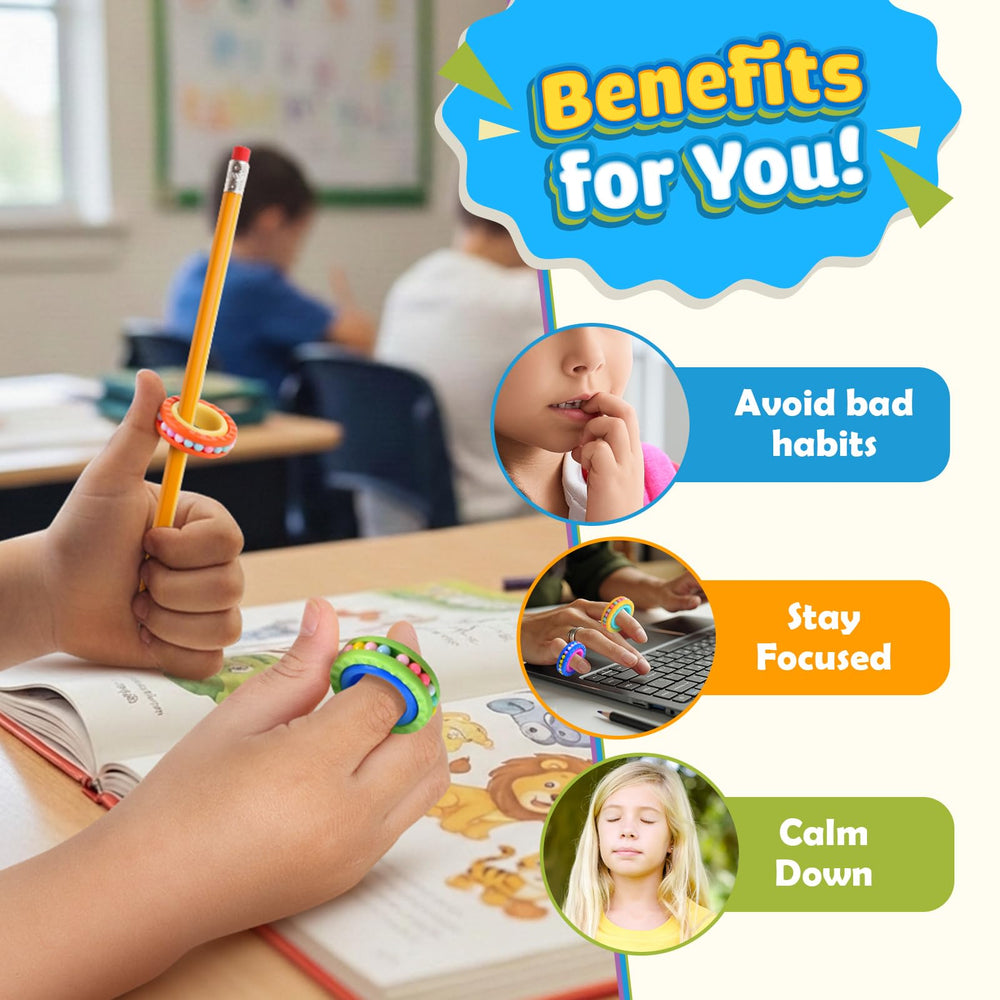 Small Fish fidget rings rotate with one hand for quick focus and calm.