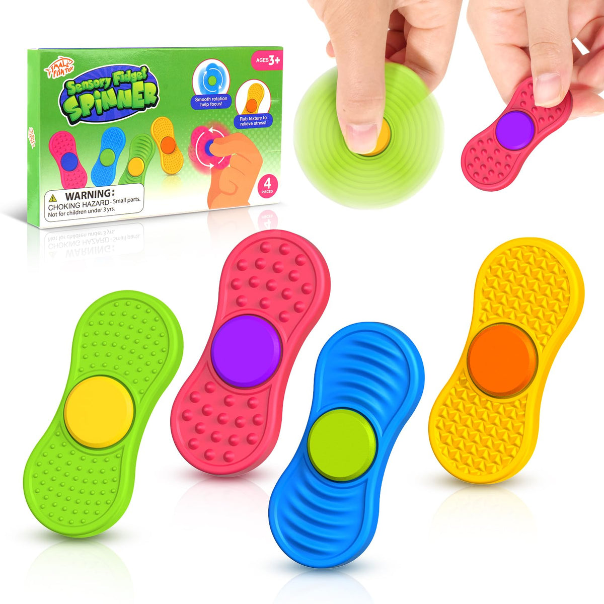 SMALL FISH sensory fidget spinner 4-pack with textured surfaces for focused play.
