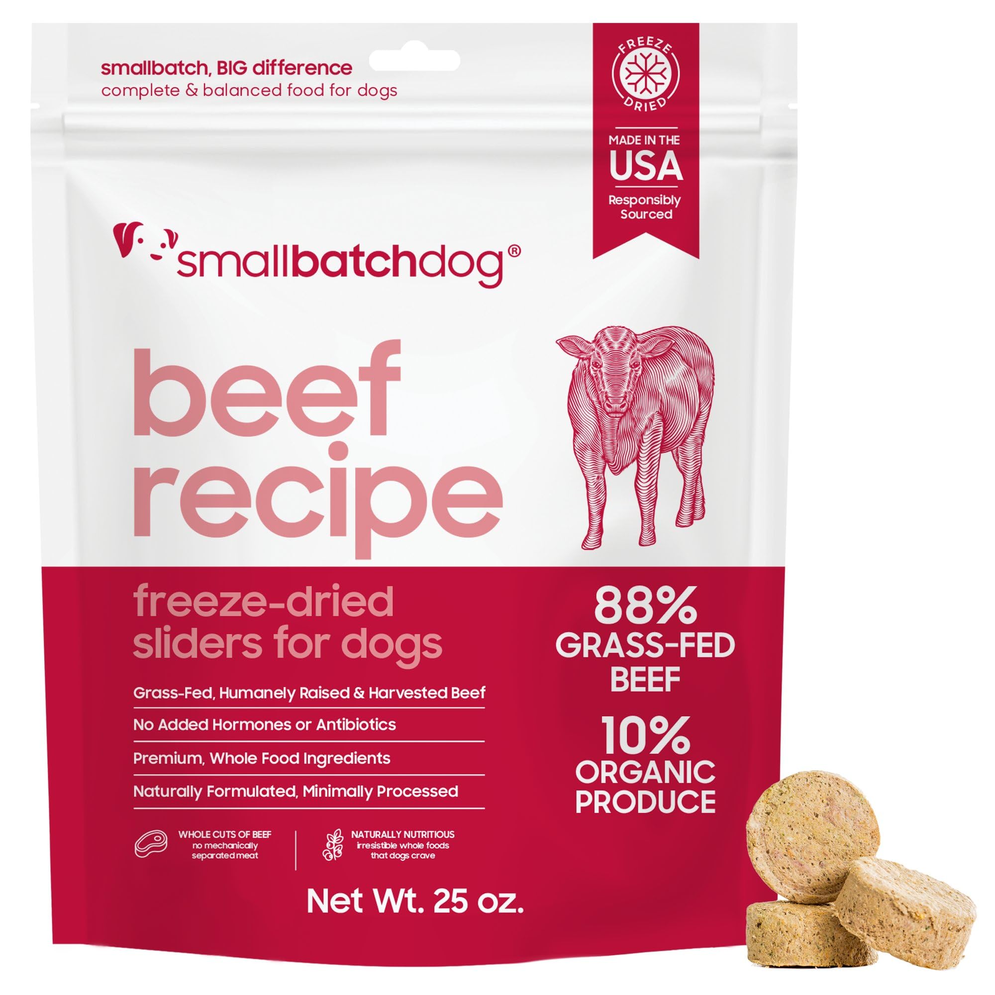 Smallbatch Pets freeze-dried beef recipe bag—grain-free, high-protein option.