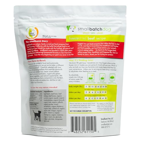 Close-up of Smallbatch Pets beef chunks, single-protein nutrition for dogs.