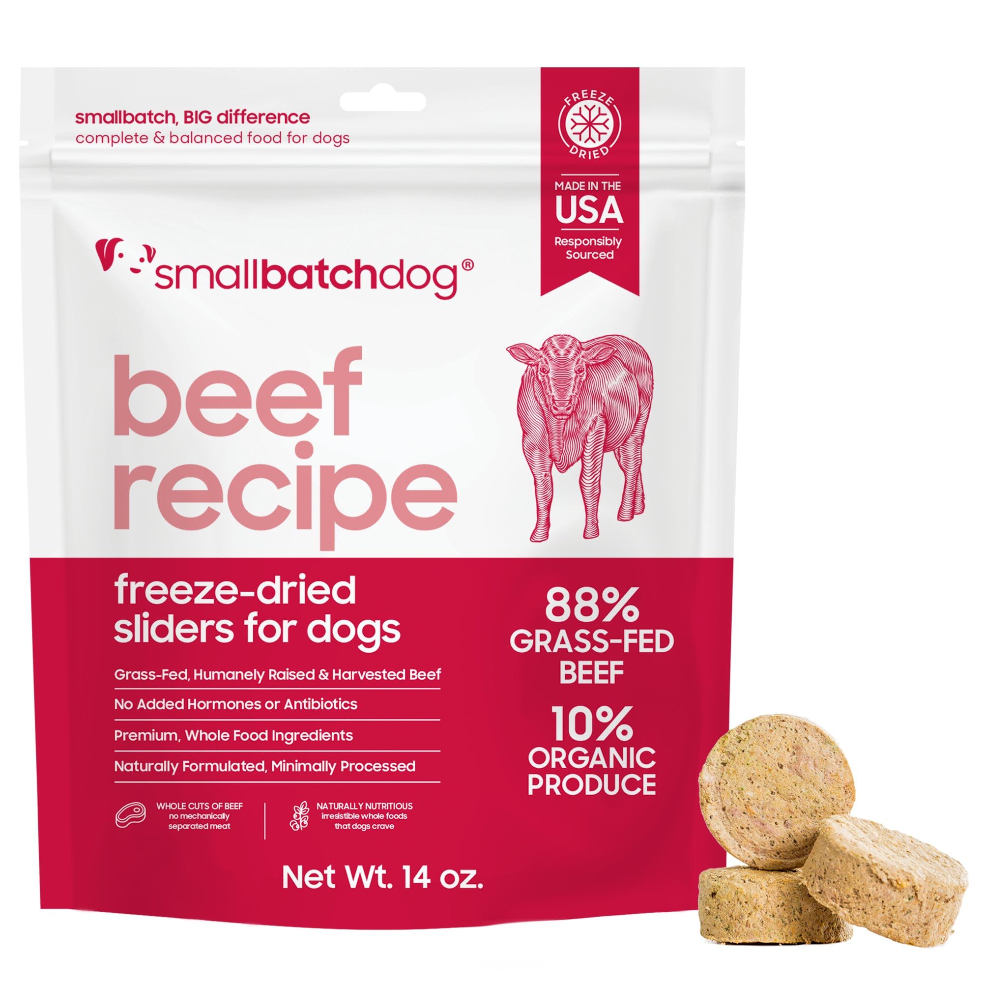 Smallbatch Pets beef recipe freeze-dried bites in a bowl, high-protein meal option.
