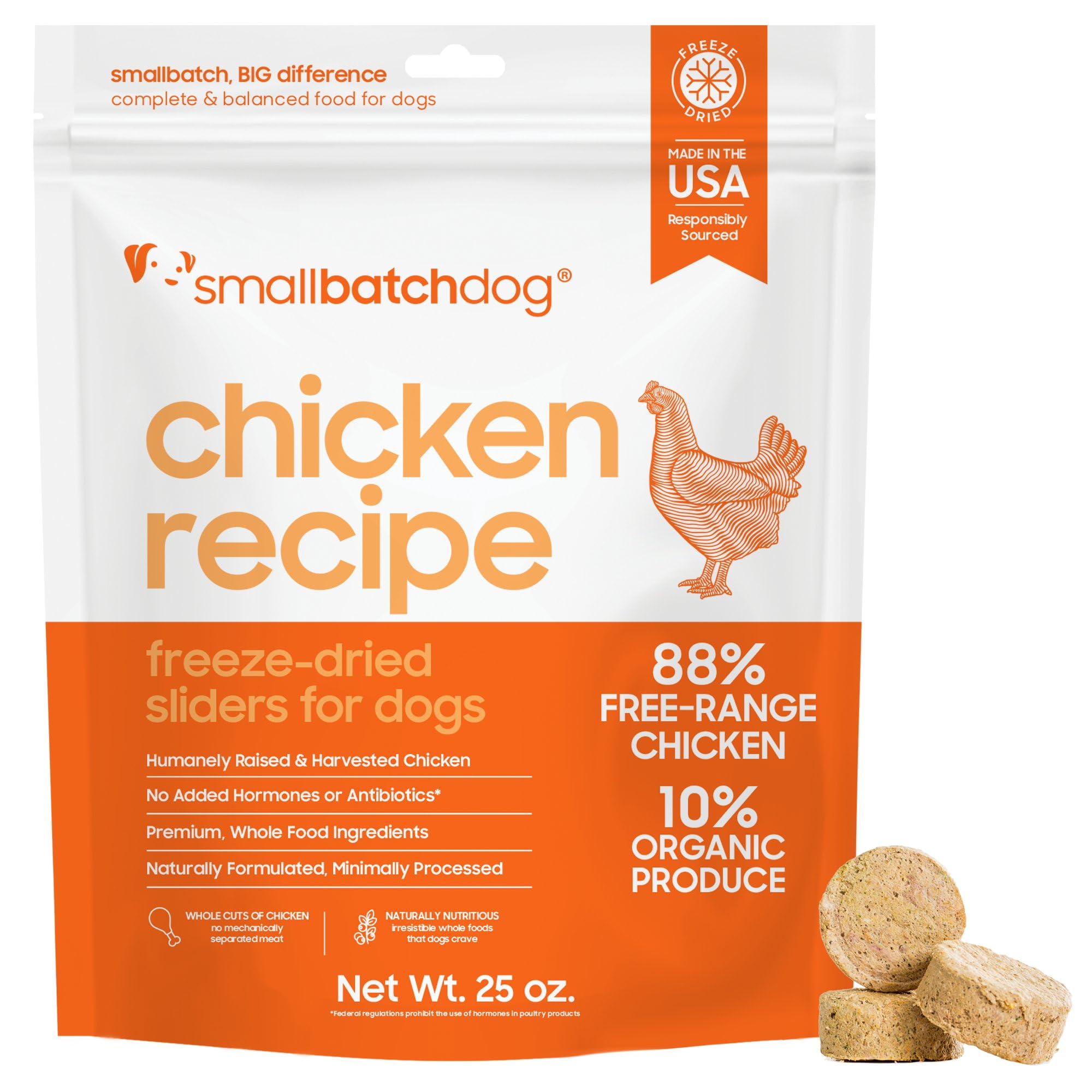 Smallbatch Pets chicken patties ready for rehydration into a tasty meal