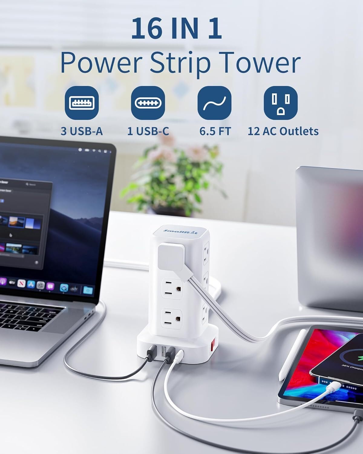 SMALLRT anti-slip bottom pads stabilize the power strip on a surface.