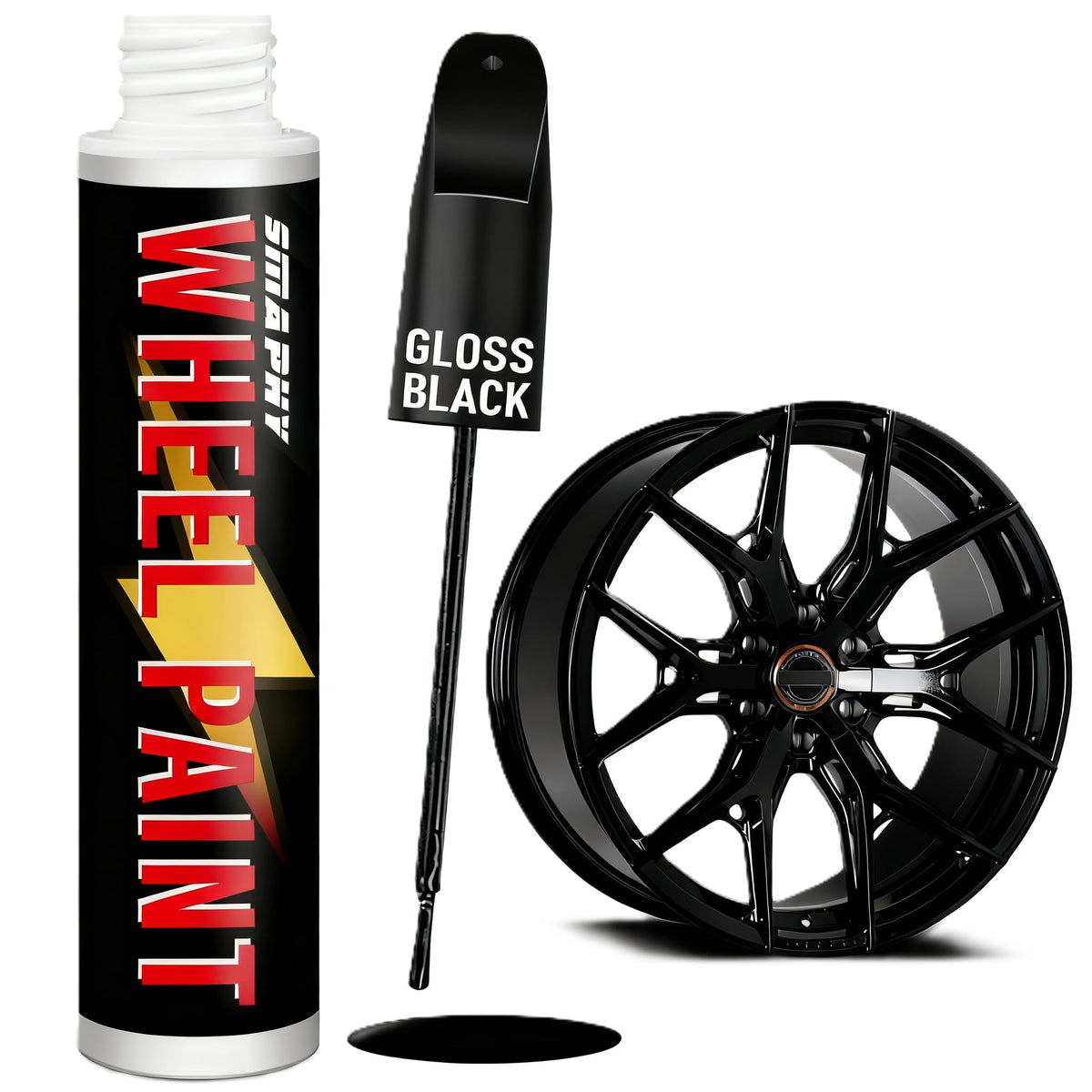 SMAPHY gloss black rim paint pen close-up for precise coverage on curb rash.