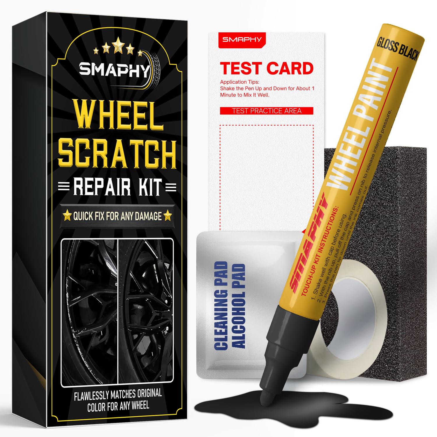 SMAPHY wheel scratch repair kit components laid out for prep