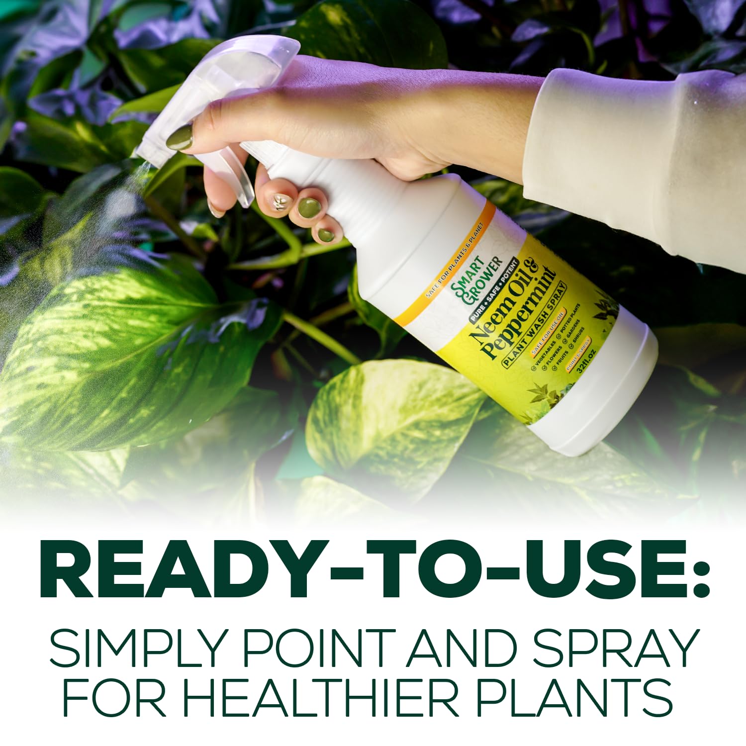 Fine mist from Smart Grower neem oil spray evenly coats indoor plants