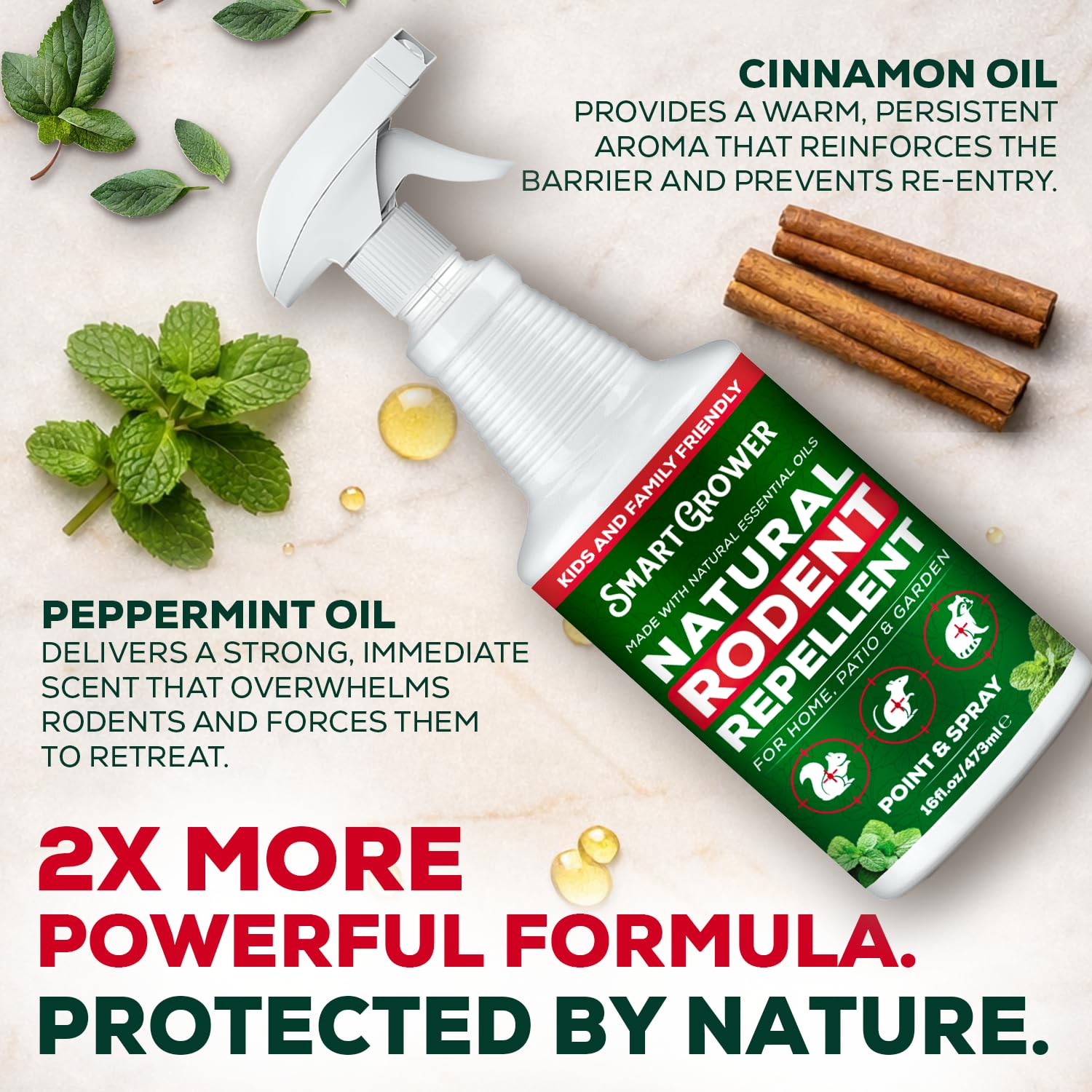 Smart Grower spray protects car engine areas from rodents using mint scent.