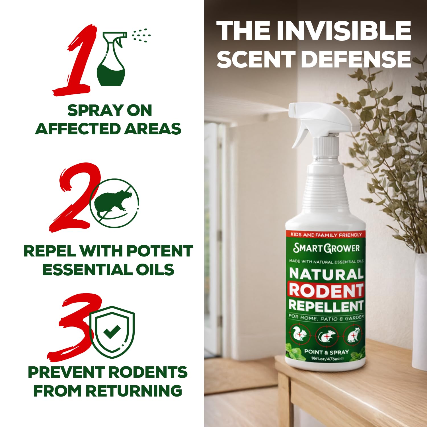Smart Grower peppermint spray for indoor kitchen use repels mice naturally.