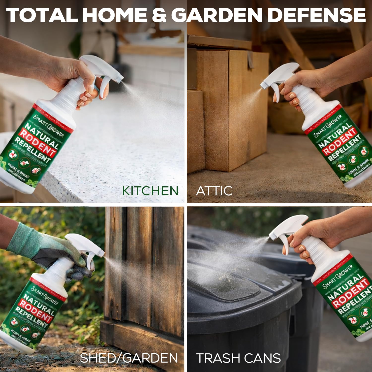 Smart Grower mint-scented spray leaves a fresh aroma while repelling rodents.