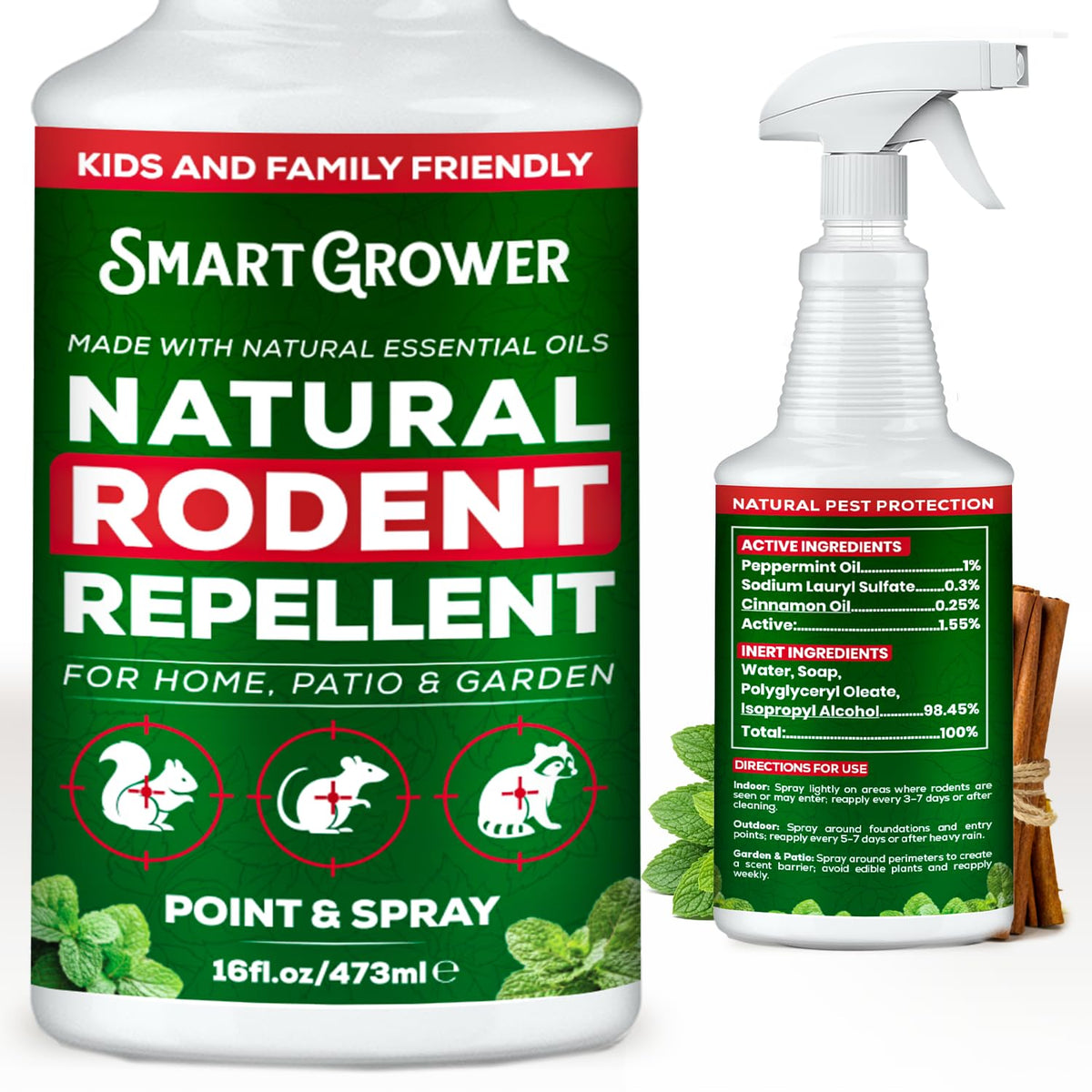 Smart Grower Peppermint Oil Spray bottle helps deter rodents with natural mint scent.