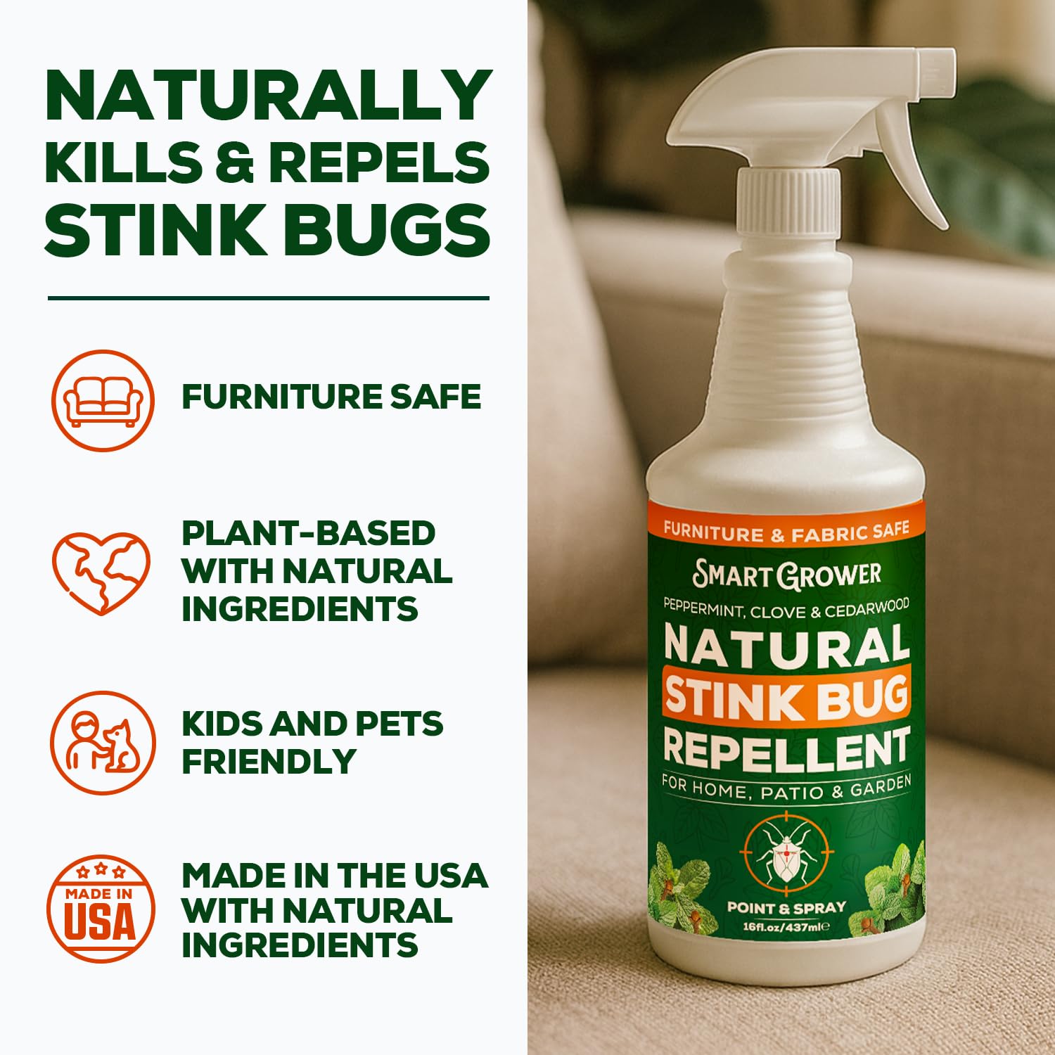 Smart Grower stink-bug-spray patio area showcases outdoor plant-based repellent for garden use.