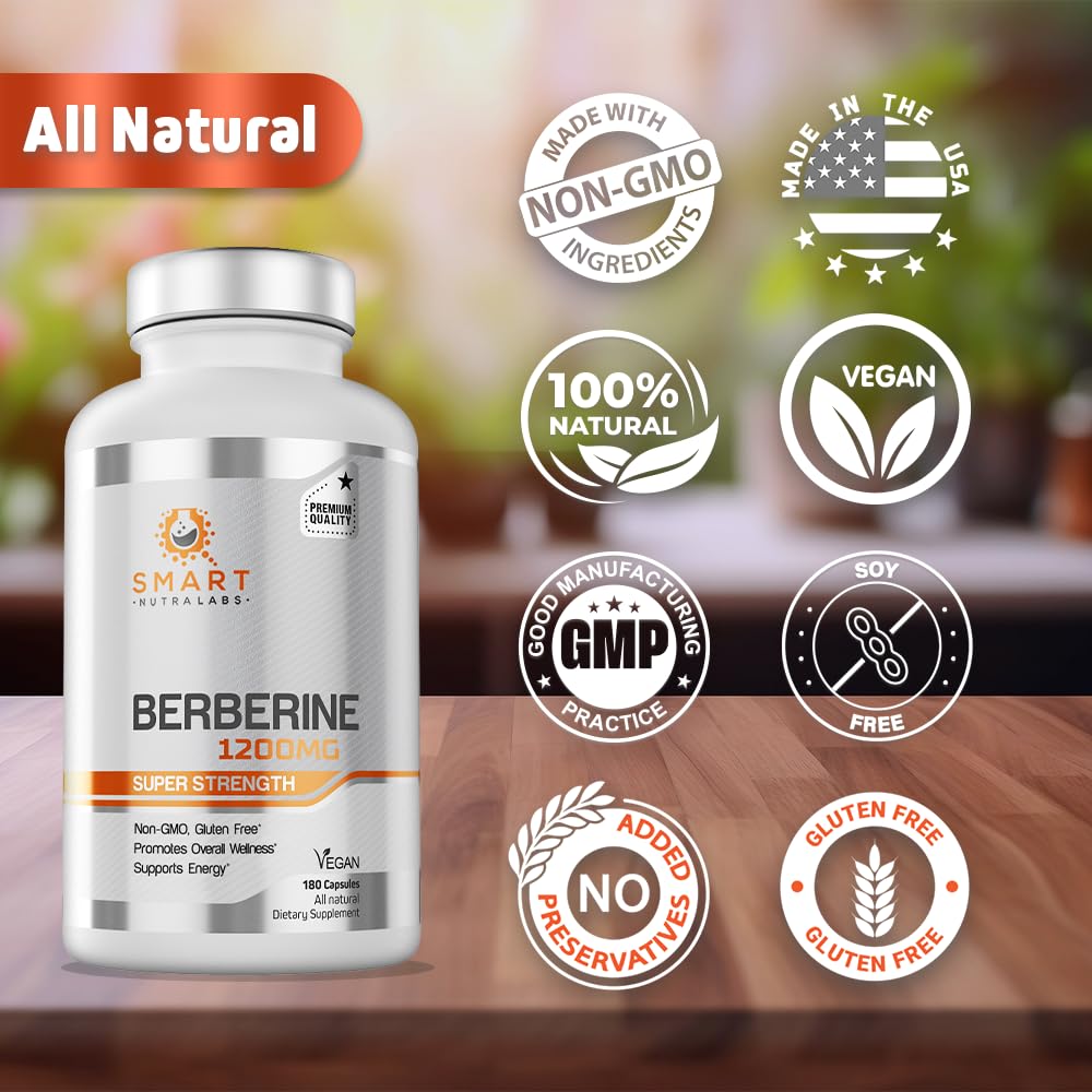 Label info of Smart Nutra Labs Berberine highlighting non-GMO and gluten-free