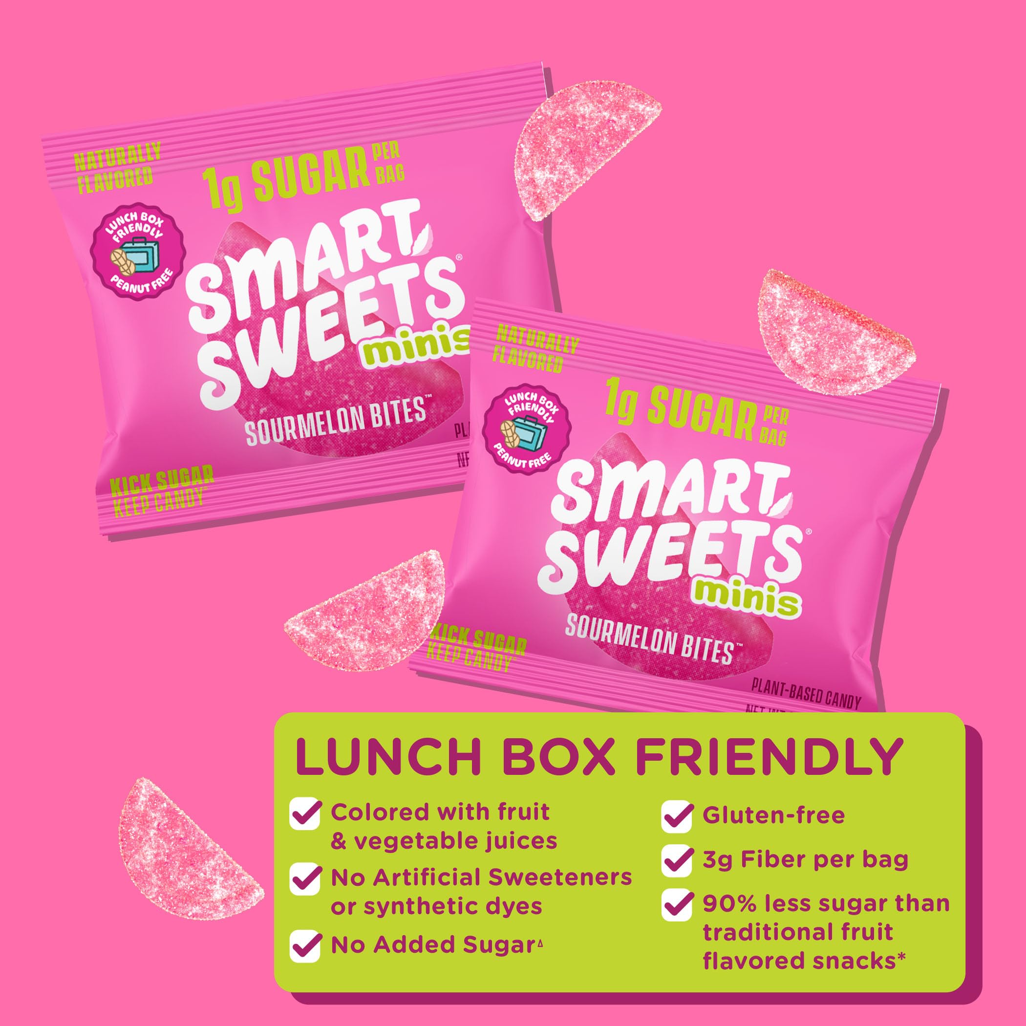 Eight-pack SmartSweets Sourmelon Bites, portable on-the-go snack.