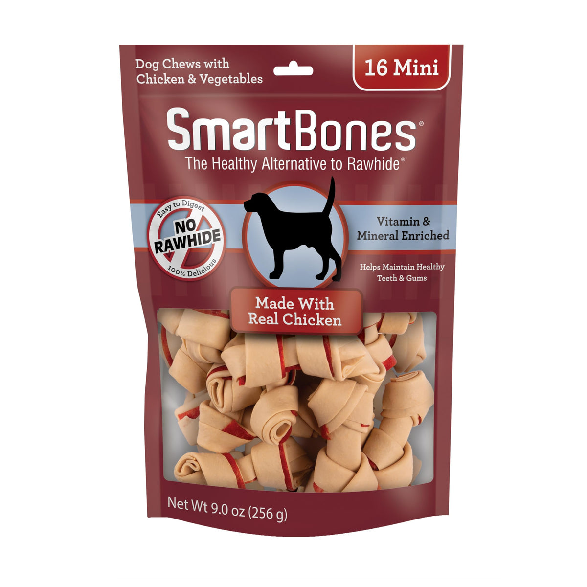 SmartBones Mini Bones with real chicken inside wrap, a tasty, digestible chew for dogs.