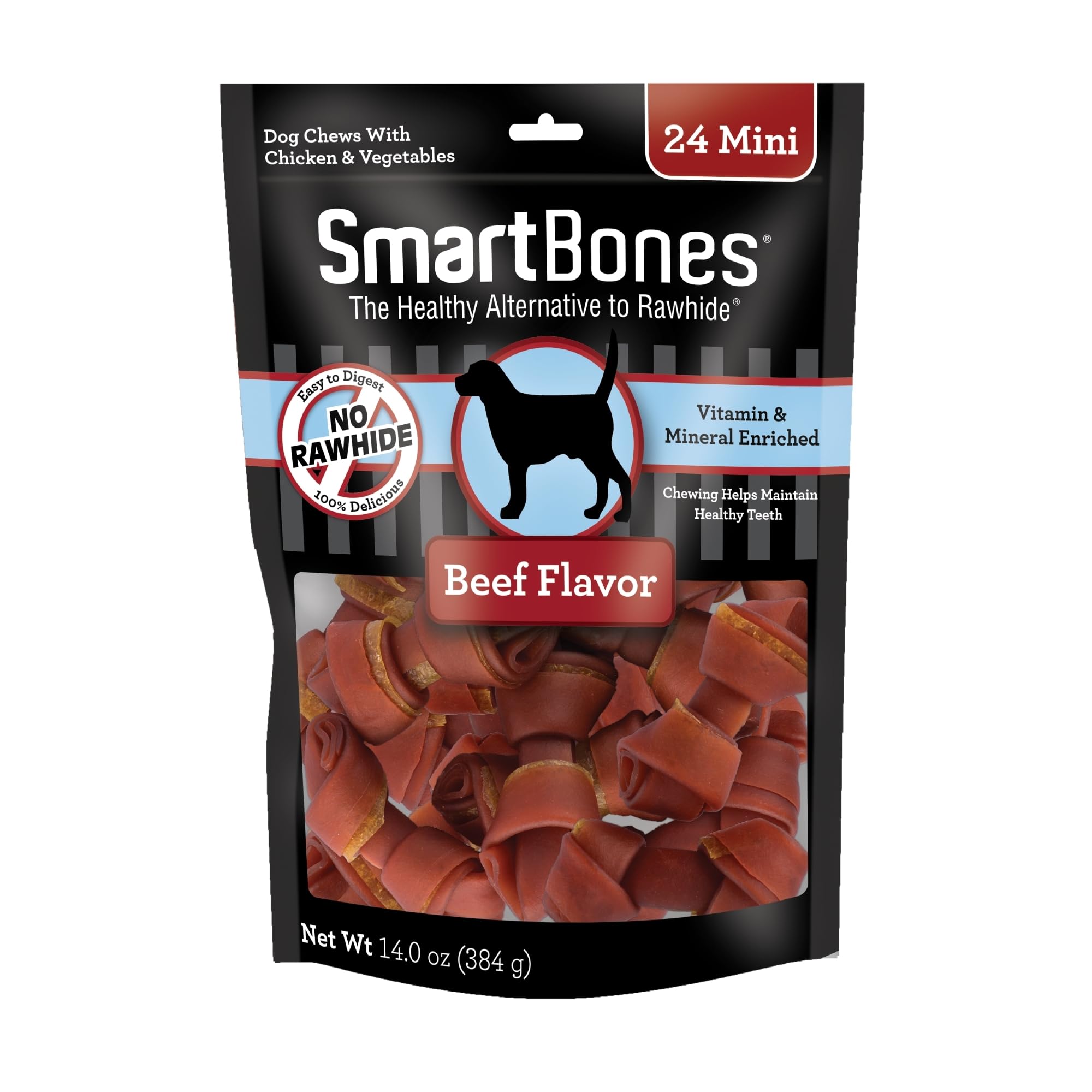 SmartBones Mini Chews real beef 24-count pack, rawhide-free chew for dogs.