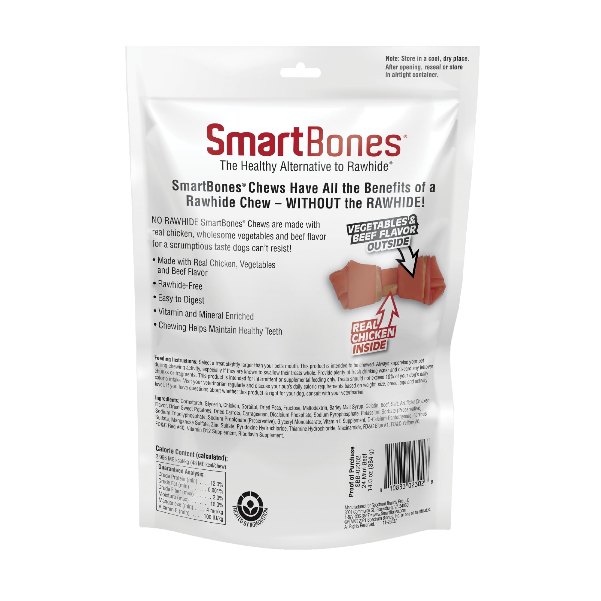 SmartBones rawhide-free chews cross-section with veggie exterior and chicken center.