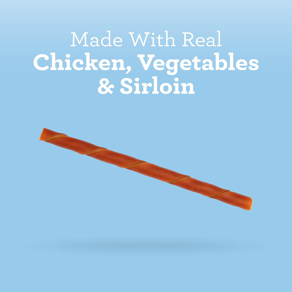 Twist-shaped chews emphasize sirloin, chicken, and vegetables.