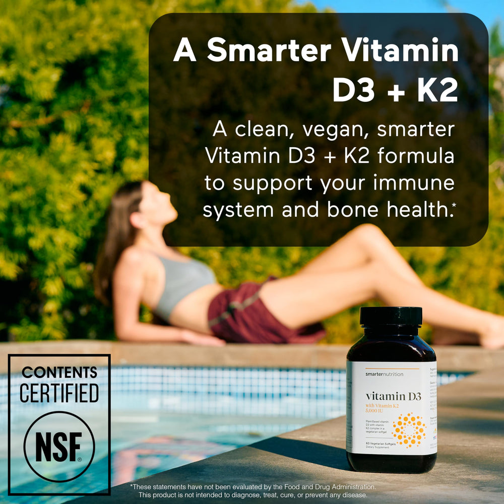 SMARTERNUTRITION D3K2 bottle close-up shows 60 softgels for a 30-day supply.