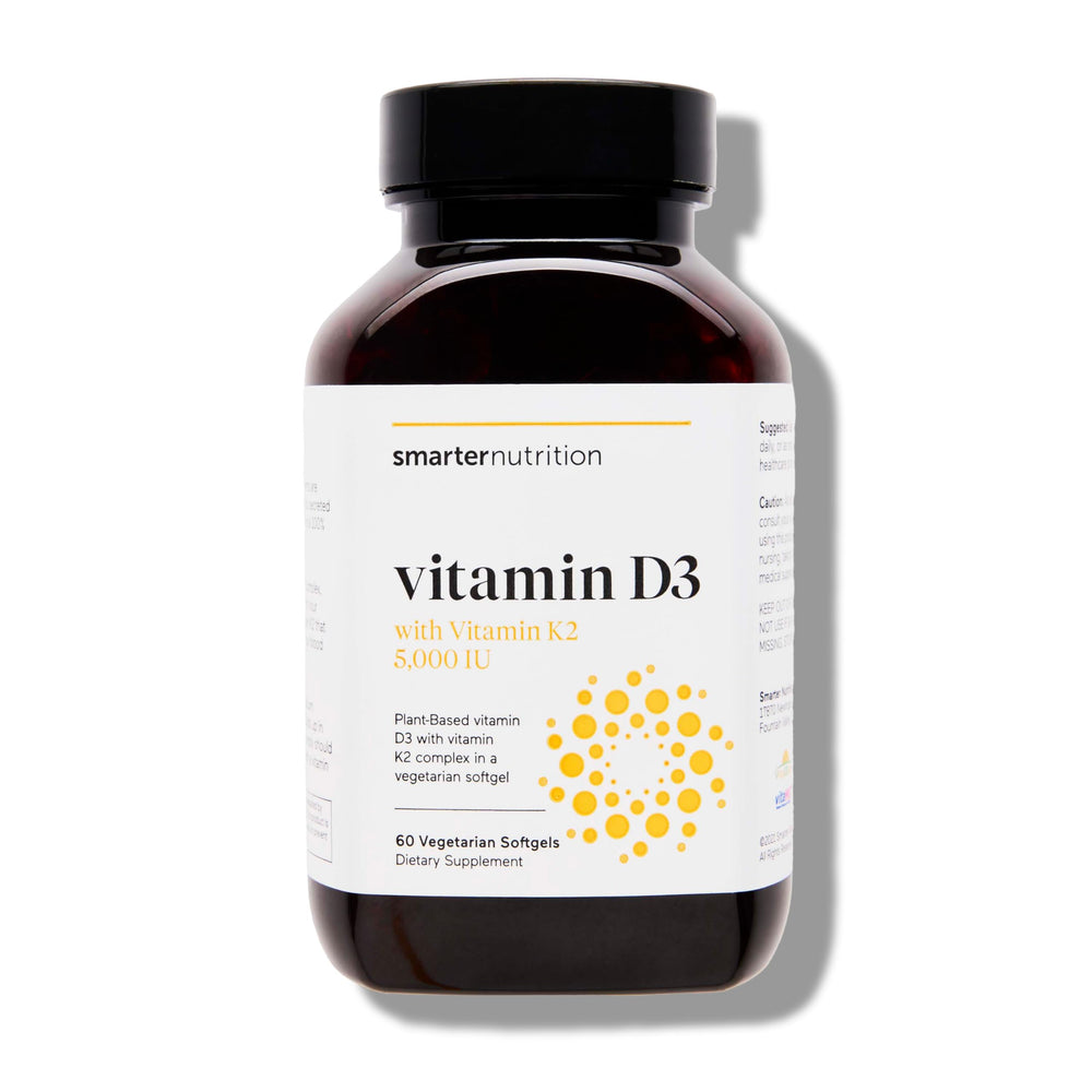 SMARTERNUTRITION vegan D3K2 softgels in coconut-olive oil for enhanced absorption.