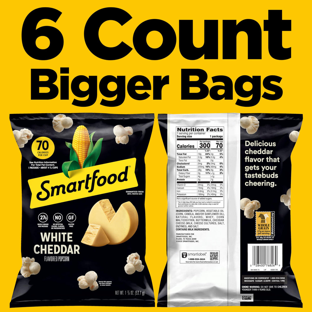 Smartfood White Cheddar bag close-up, real cheese flavor highlighted.