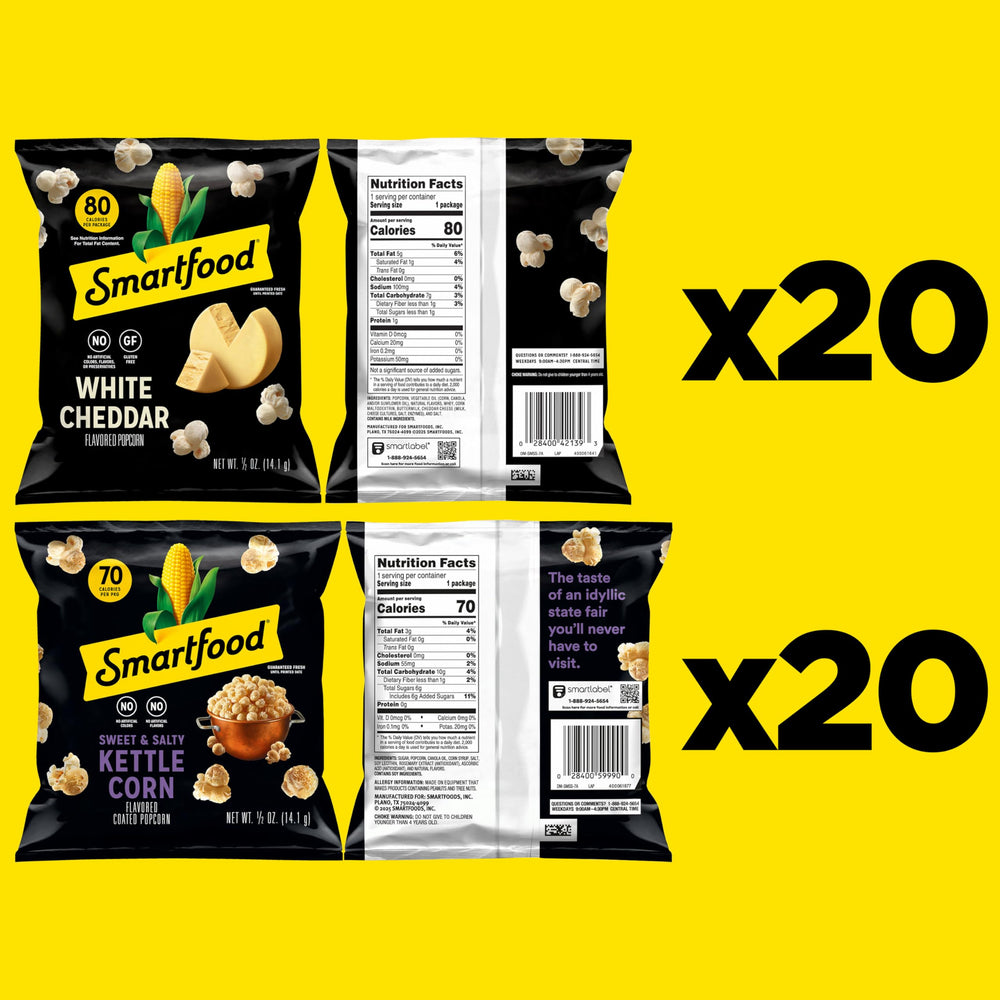 Smartfood White Cheddar bags close-up, showing bold flavor during snack time.