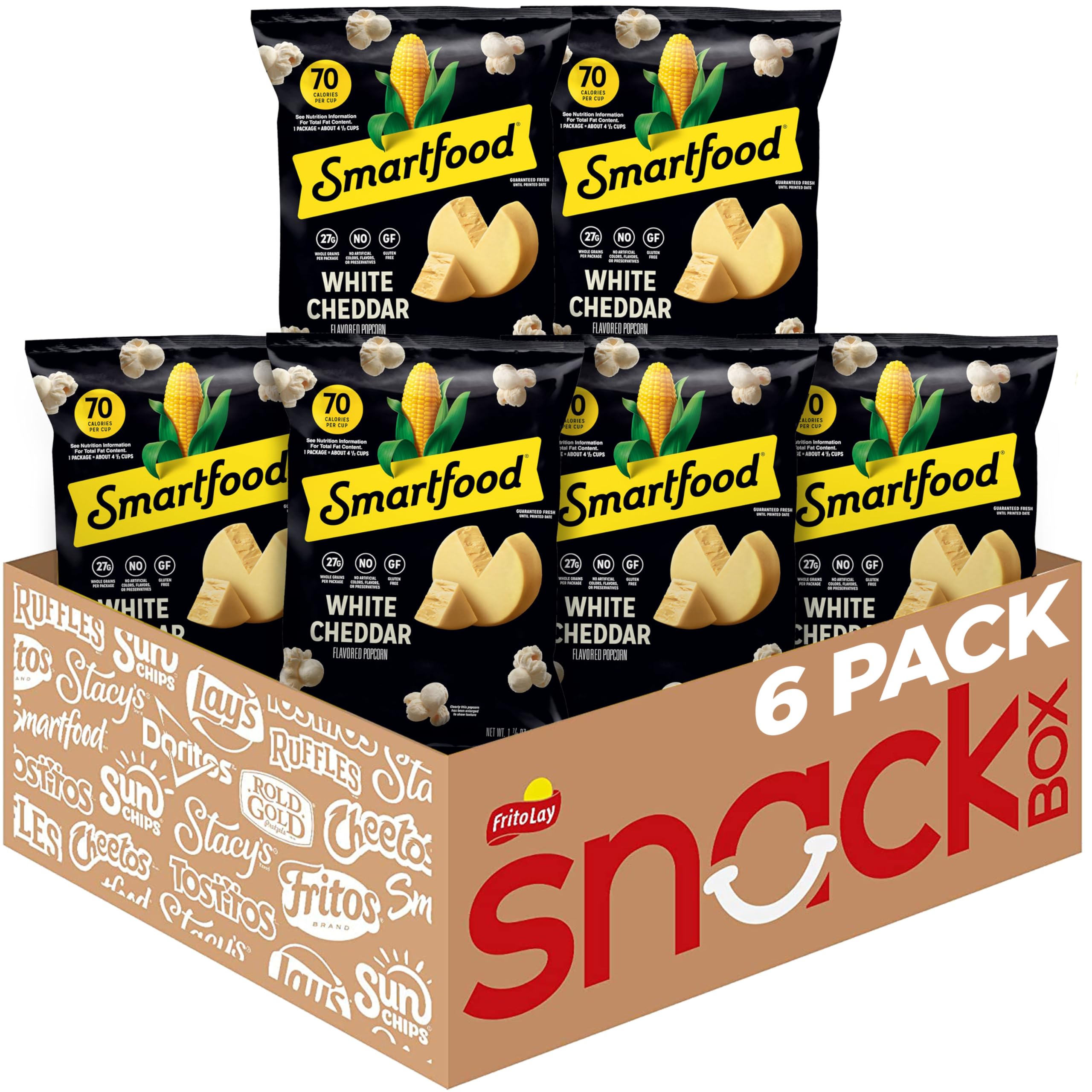 Smartfood White Cheddar popcorn pack six on shelf, convenient snack.