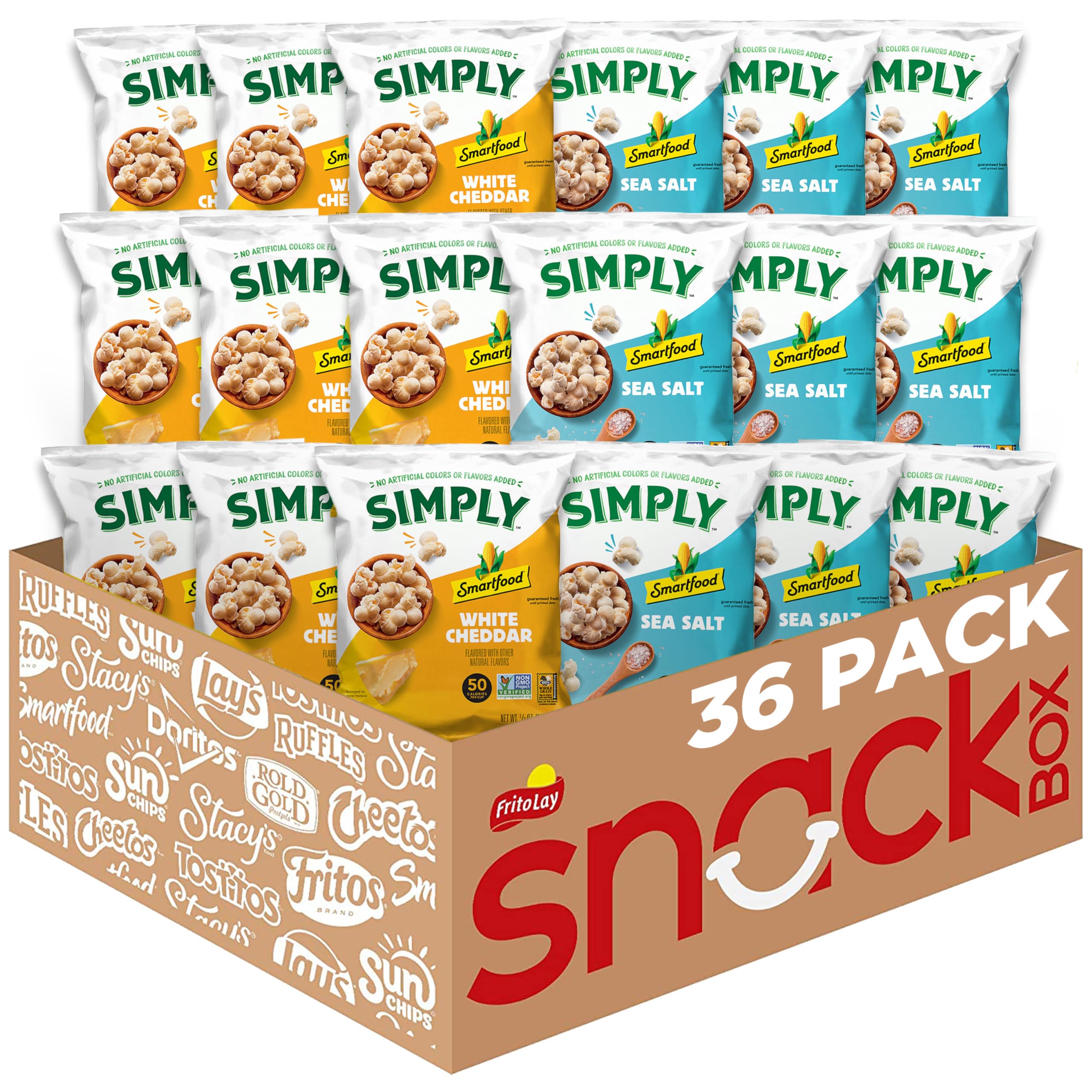 Smartfood Simply Variety Pack white cheddar sea salt 0.5oz bags, perfect for lunchboxes.