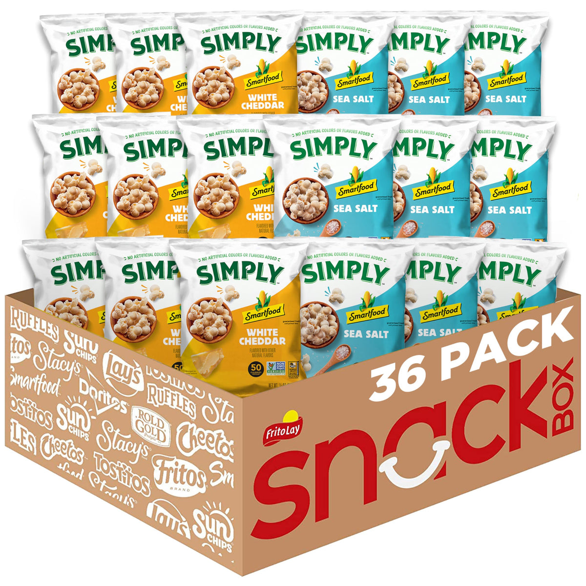 Smartfood Simply Variety Pack white cheddar sea salt 0.5oz bags, perfect for lunchboxes.