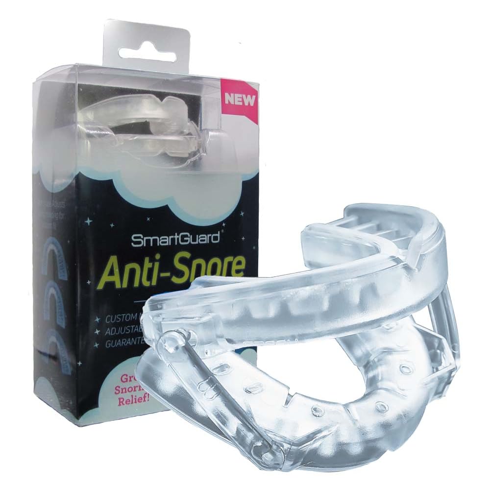 SmartGuard anti-snore device front view showing jaw-forward design for open airway