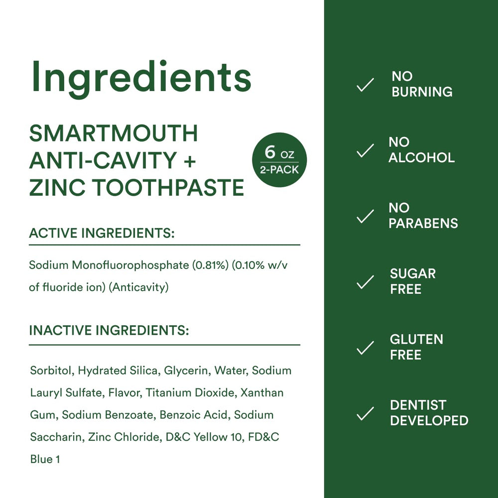 SmartMouth alcohol-free label indicating a gentle, non-irritating formula.