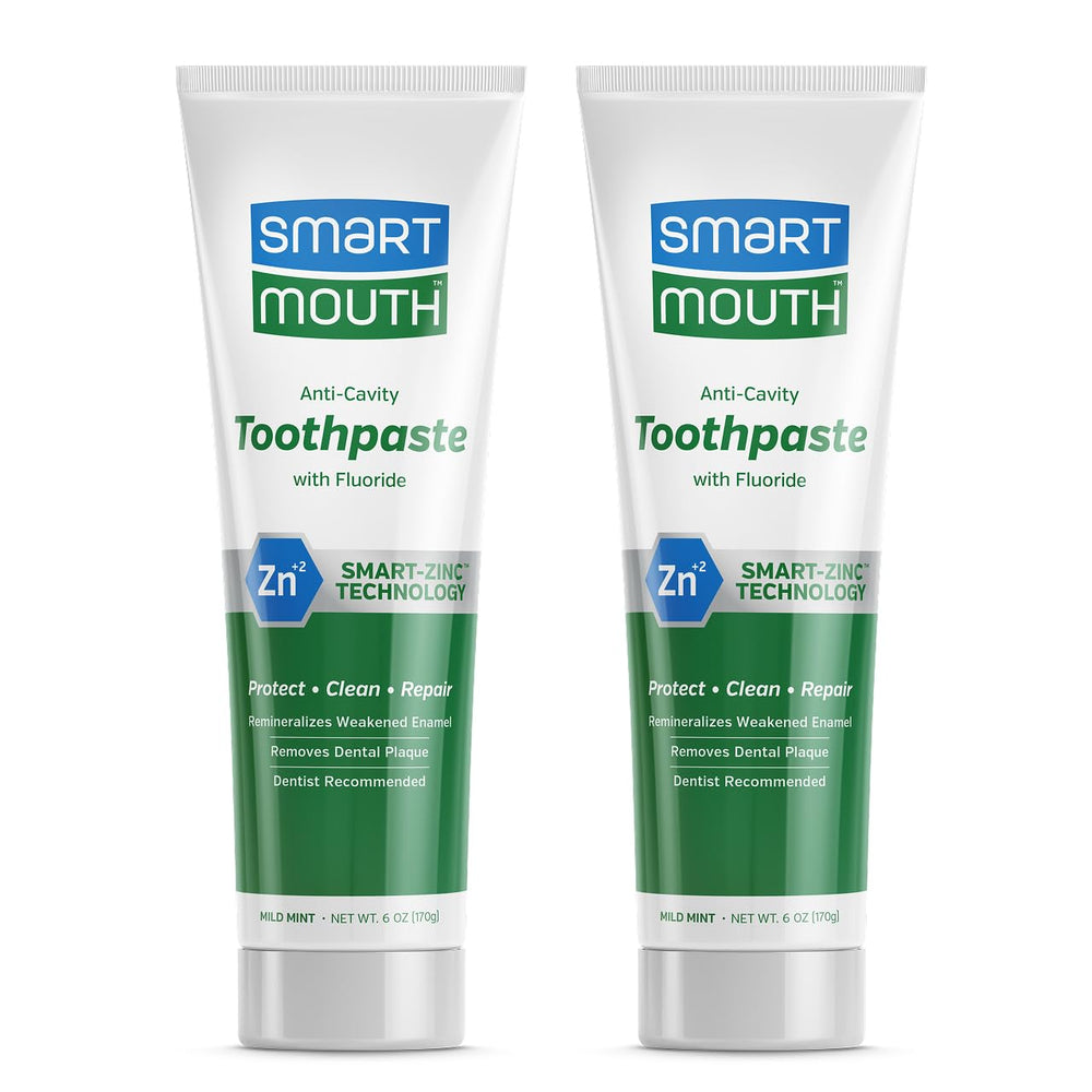 SmartMouth toothpaste tube highlighting zinc-powered cavity protection and enamel support.
