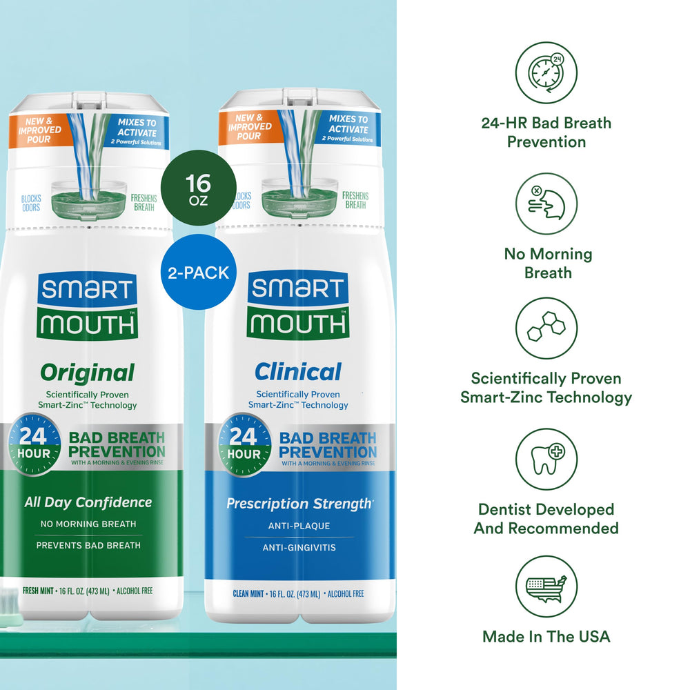 SmartMouth Clinical bottle front emphasizing anti-plaque and anti-gingivitis benefits.