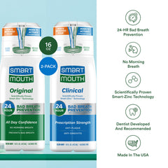 SmartMouth Clinical bottle front emphasizing anti-plaque and anti-gingivitis benefits.