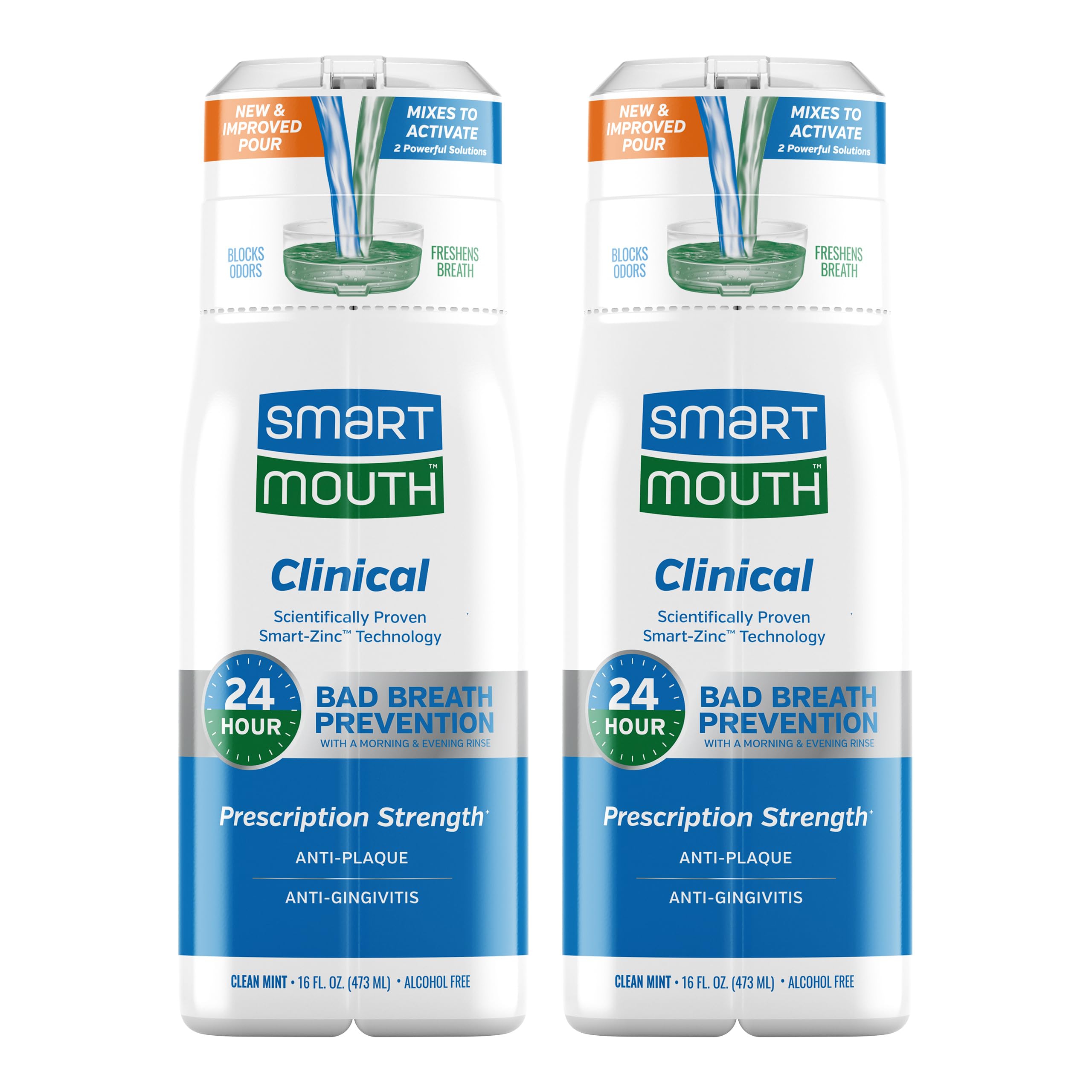 SmartMouth Clinical zinc-activated mouthwash bottle for all-day fresh breath.