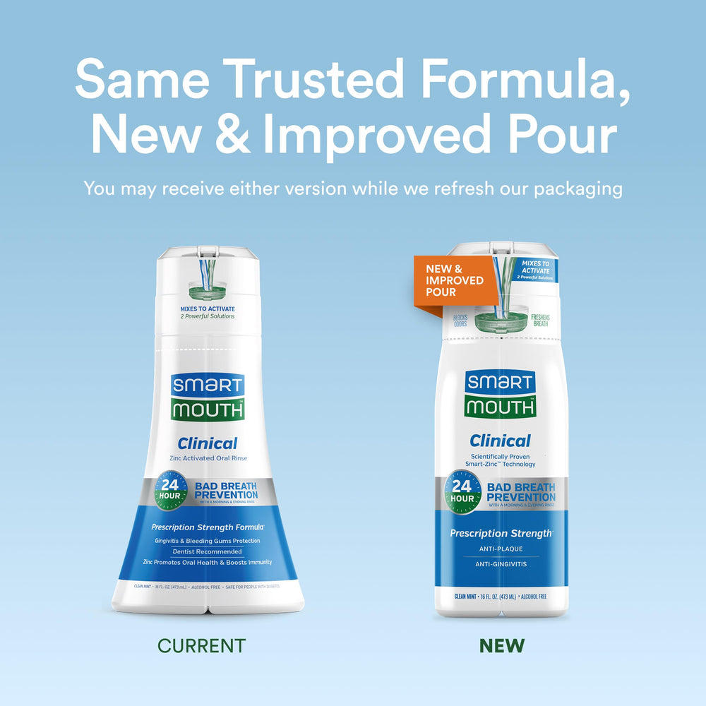 SmartMouth mouthwash being poured, showing zinc activation and breath freshness.
