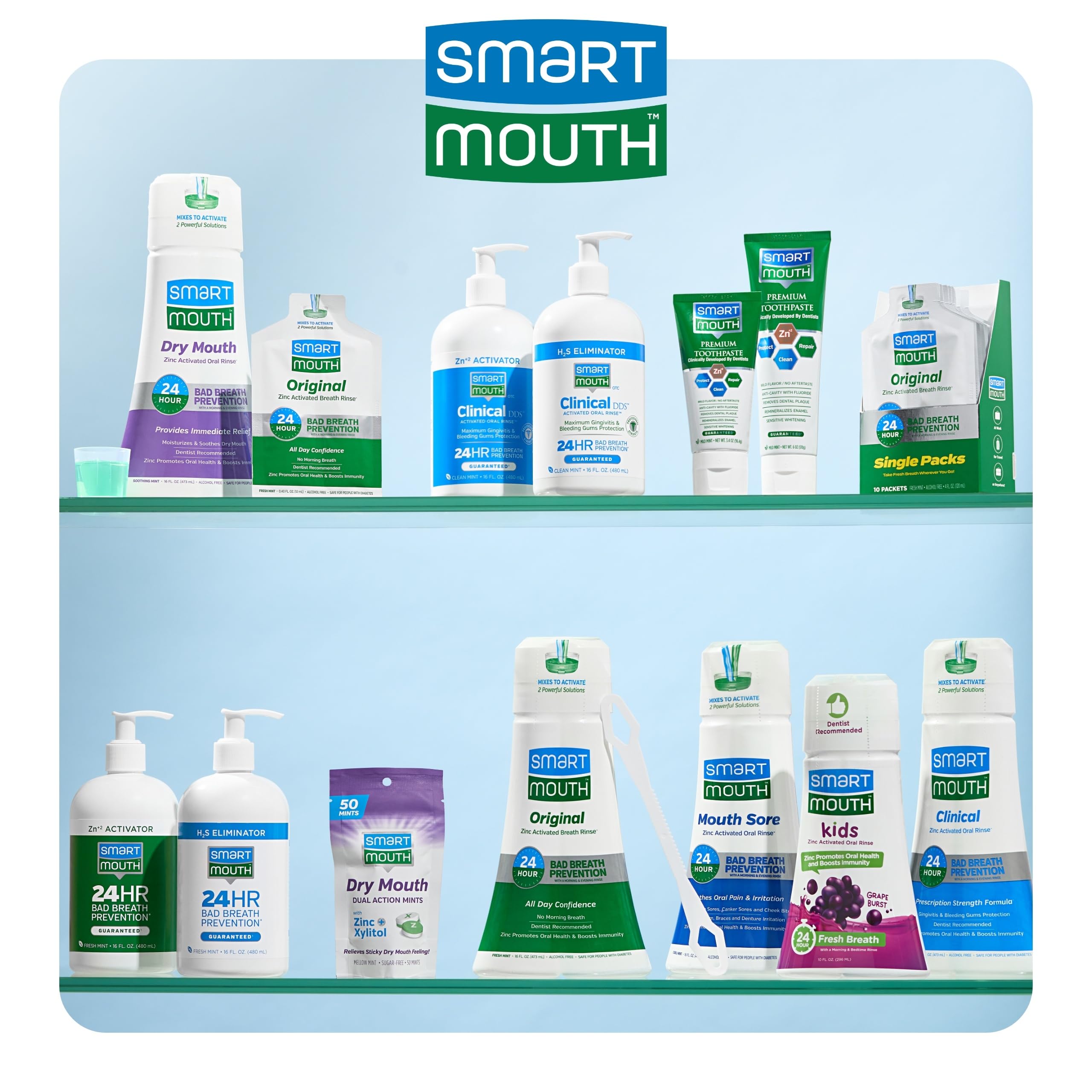 Close-up label shows xylitol and zinc ingredients in SmartMouth mints.