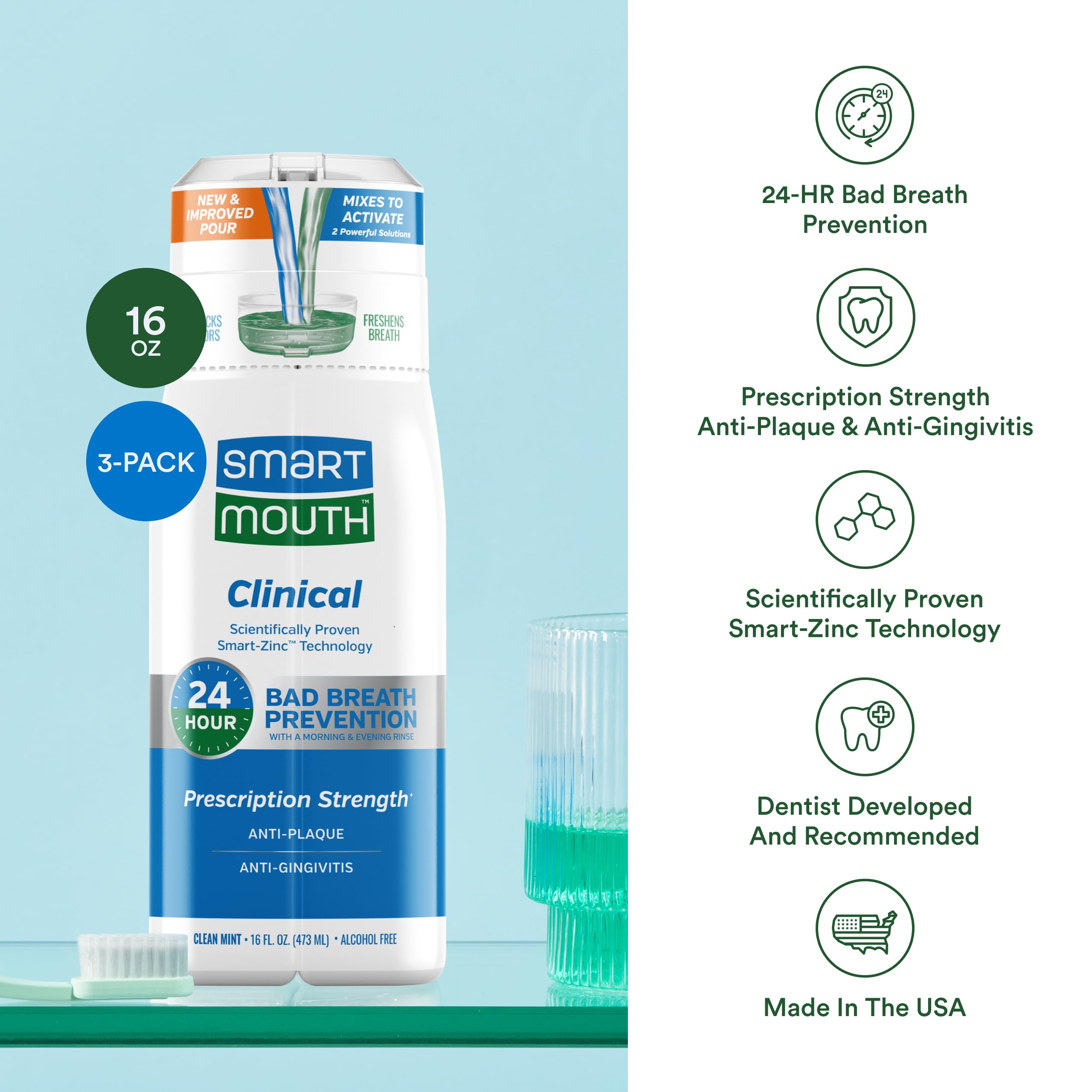 SmartMouth mouthwash being poured into a cup for a refreshing rinse.