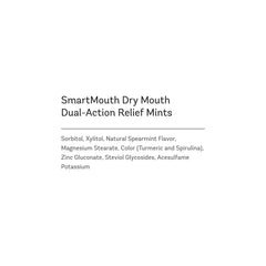 SmartMouth dry mouth dual-action mints pack on shelf showing 50-count supply.