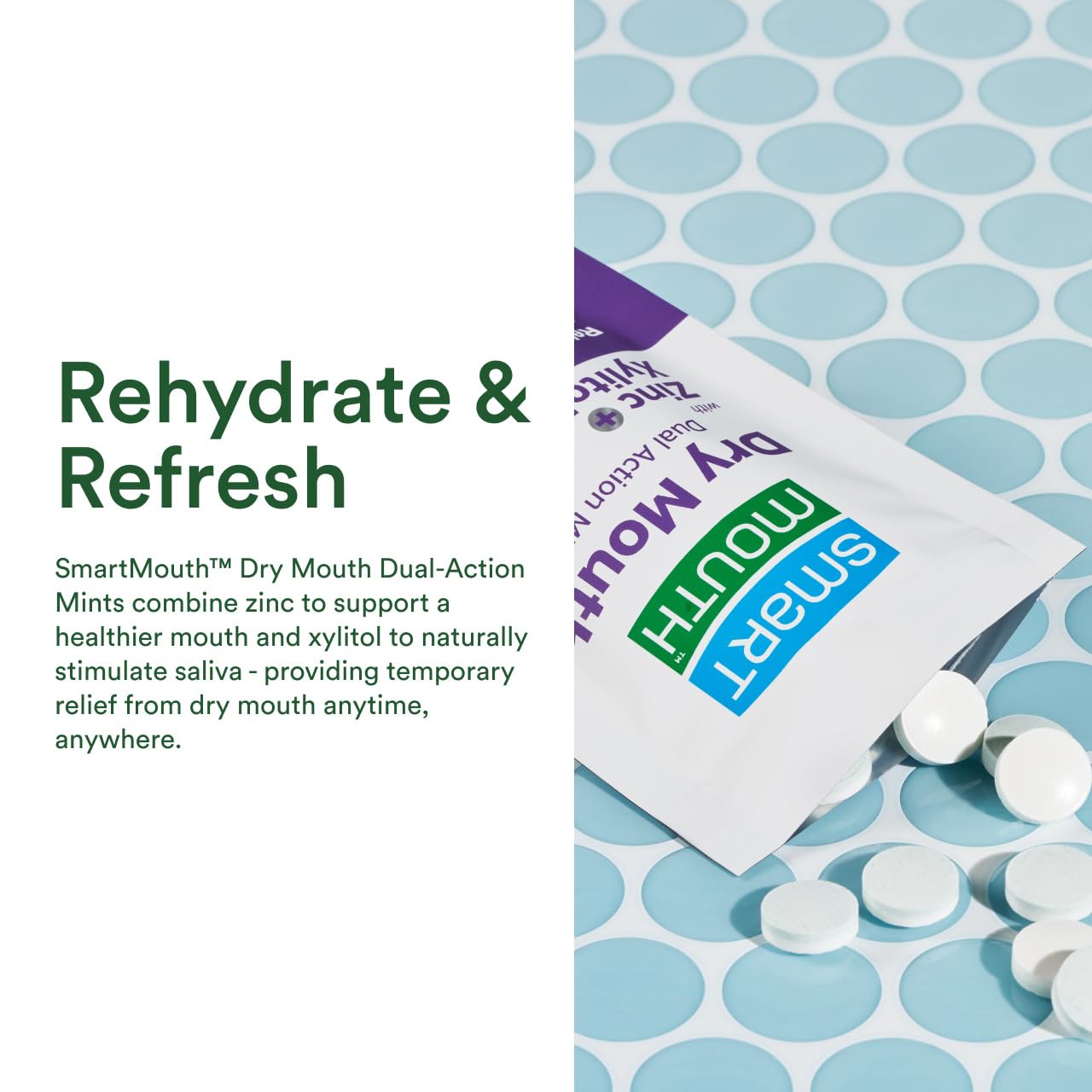 SmartMouth mints on table with packaging, ideal for daily use.