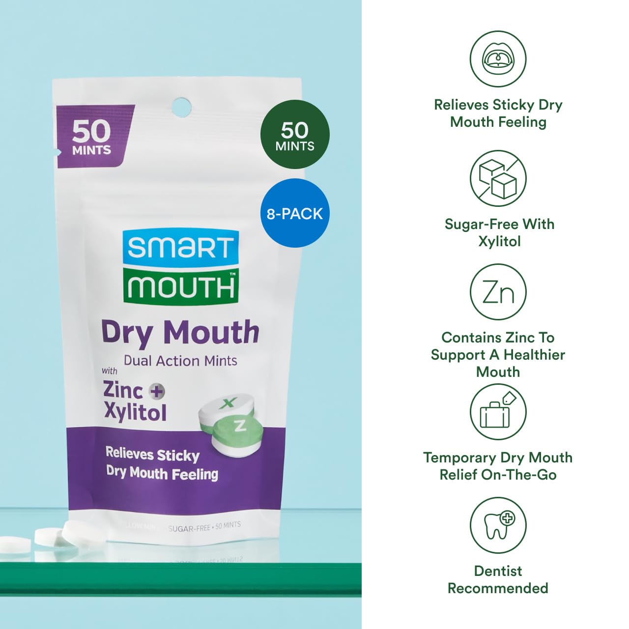 SmartMouth dry mouth mints with xylitol for saliva-friendly refreshment.