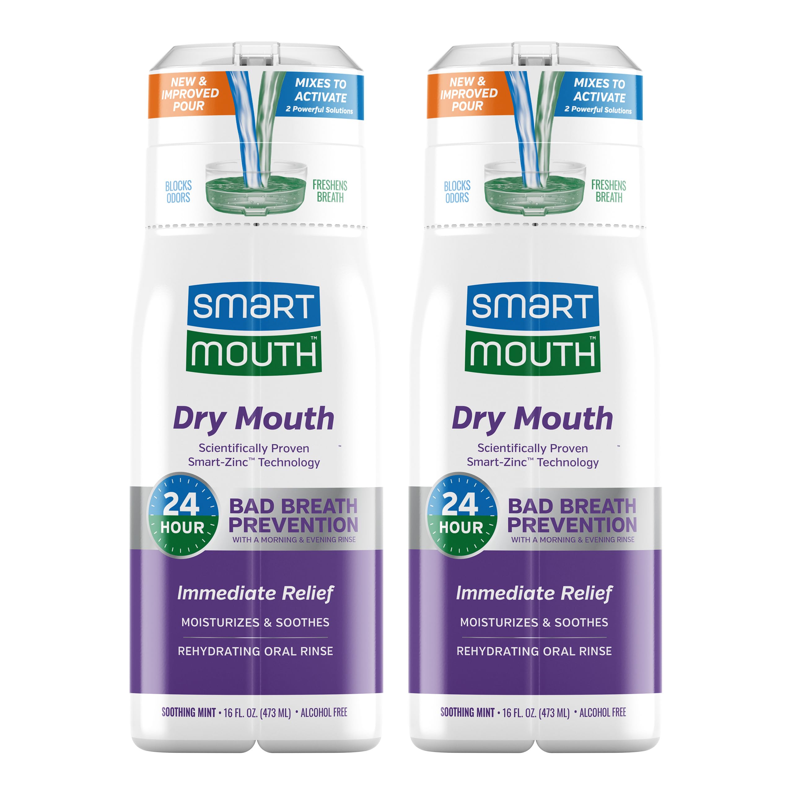 SmartMouth Dry Mouth Zinc Activated Mouthwash bottle front promotes quick hydration and fresh breath