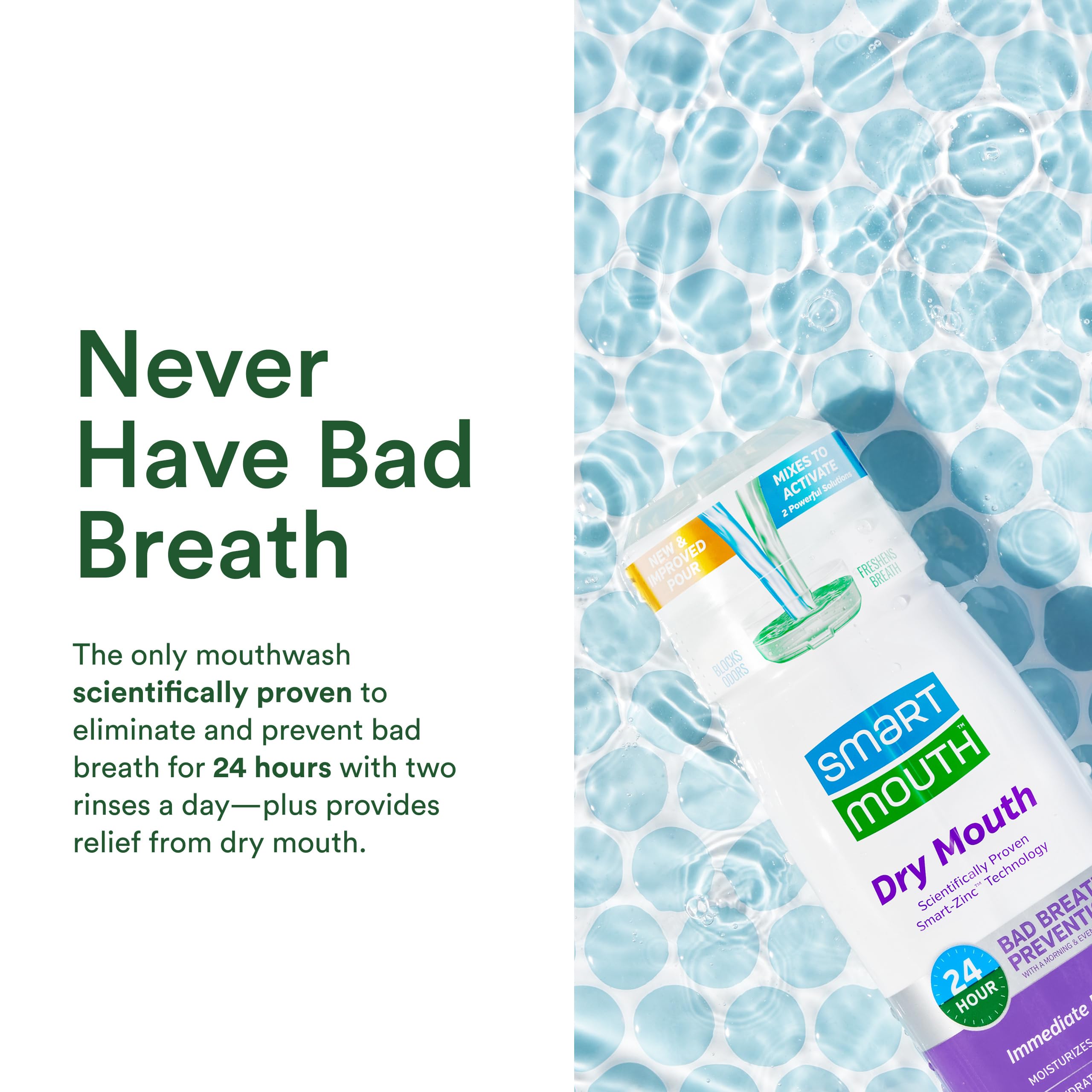SmartMouth bottle with mint packaging close-up suggests soothing mint flavor