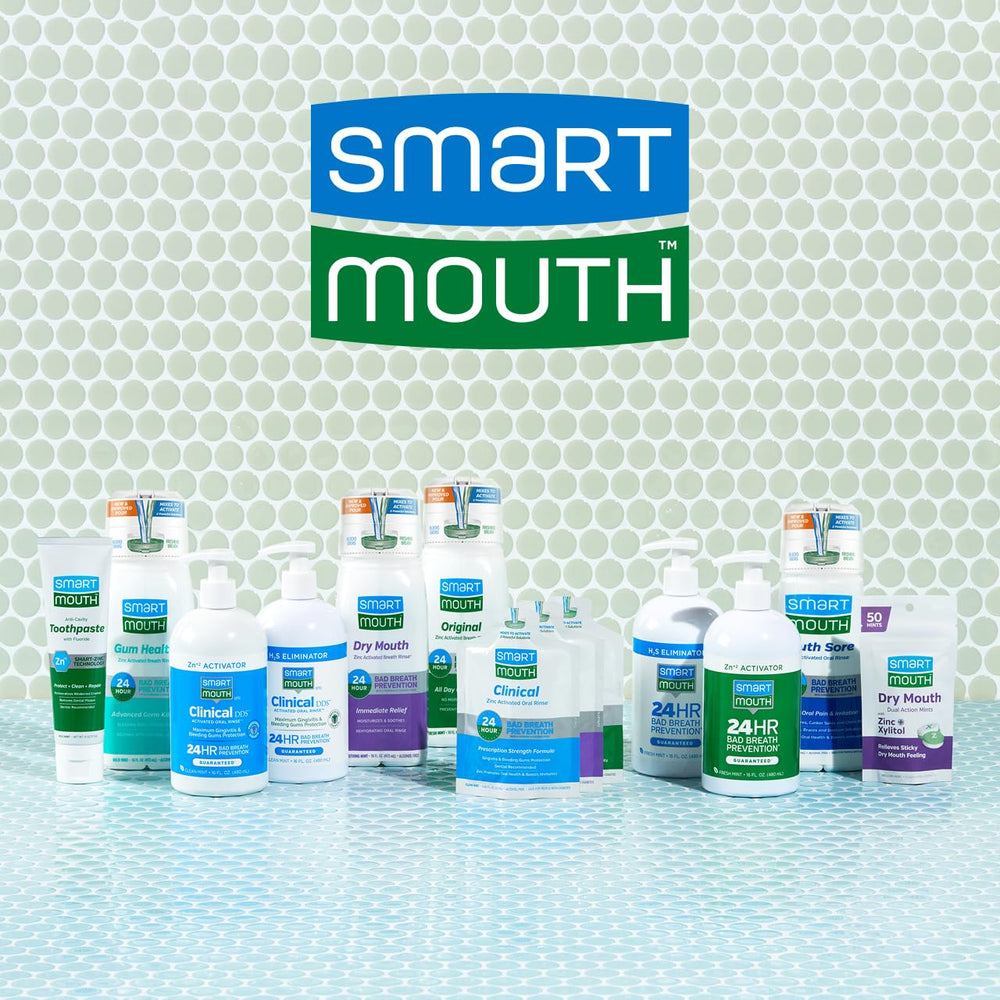 SmartMouth gluten-free and sugar-free labels on packaging.